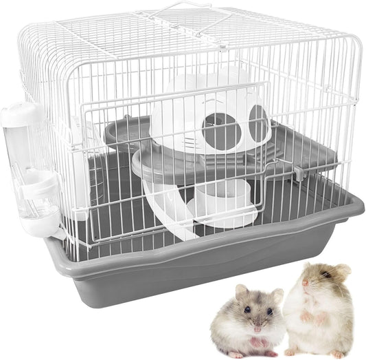 PINVNBY Dwarf Hamster Cage, Small Animal Cages, 2-Tier Travel Portable Mouse Cage Hamster Carrier with Castle House Running Exercise Wheels, Water Bottle and Food Dis（Gray）