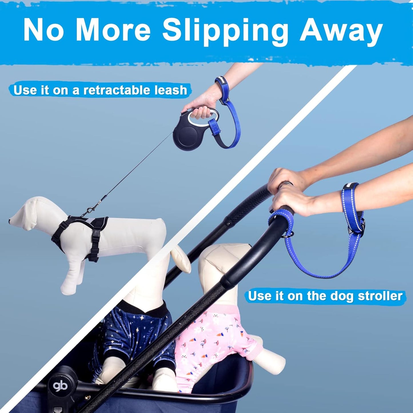 PetBonus Short Dog Leash, Safety Wrist Strap for Retractable Dog Leash, Reflective Design and Adjustable Soft Padded Handle, Extra Layer Security for Pet Stroller (Blue) 1 Pack