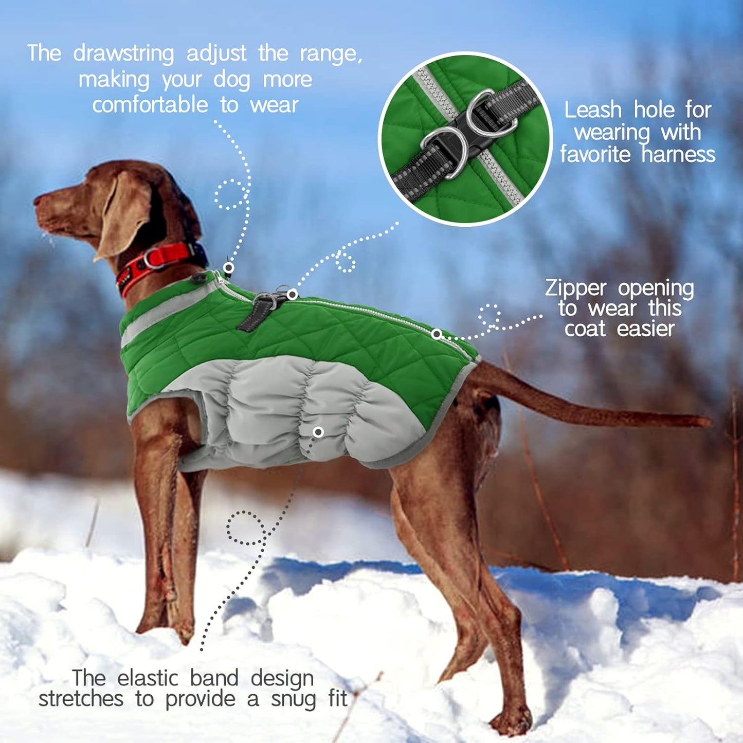 FUAMEY Dog Coat for Large Dogs,Waterproof Dog Winter Jacket with Harness Built in Puppy Cold Weather Coats Reflective Pet Vest with Zipper Warm Fleece Dogs Snowsuit Windproof Green XXXL