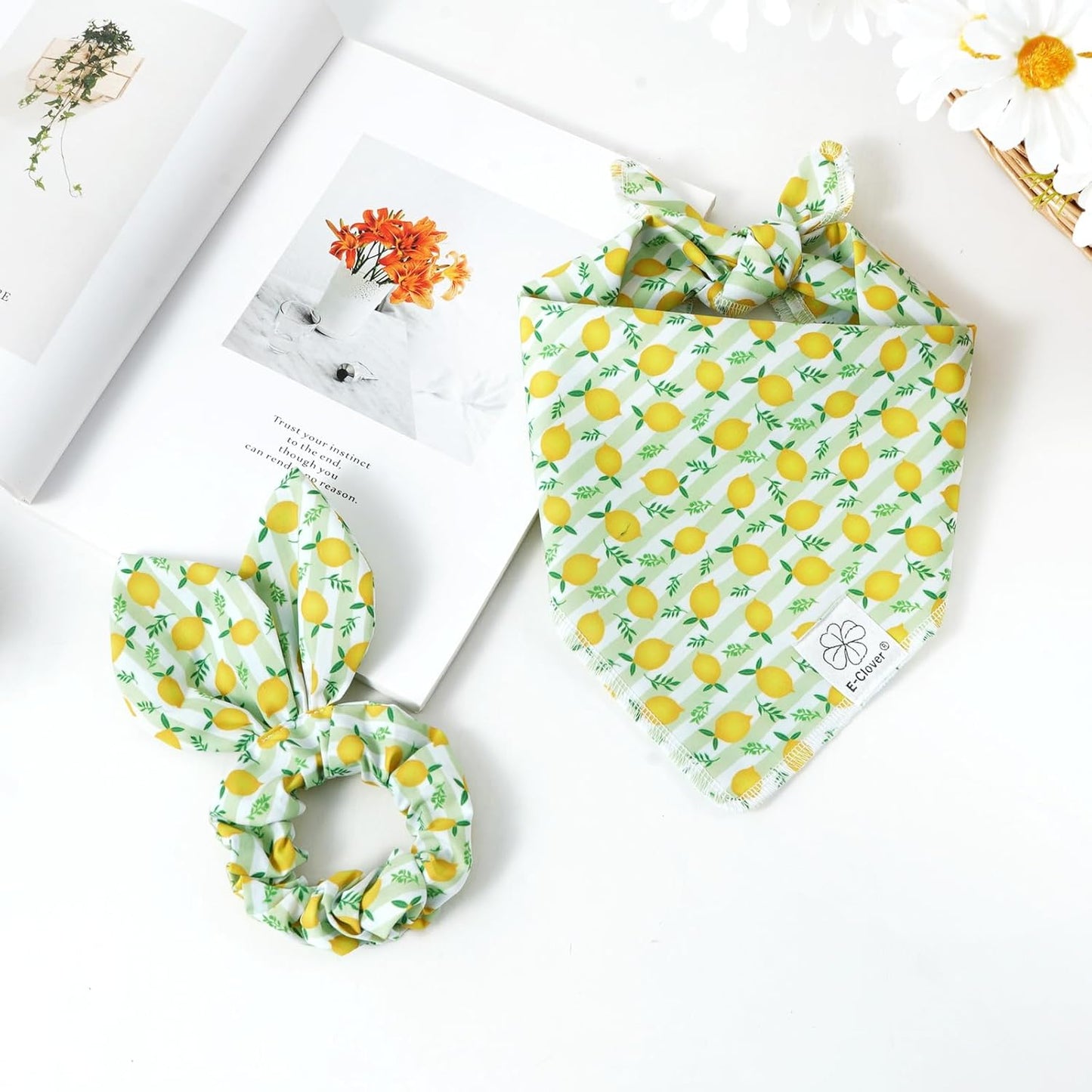 E-Clover Summer Lemon Dog Bandanas & Matching Scrunchie Set Green Stripe Dog Scarf Bibs Pet Bandana with Bow Tie for Medium Large Dogs Owner Mom