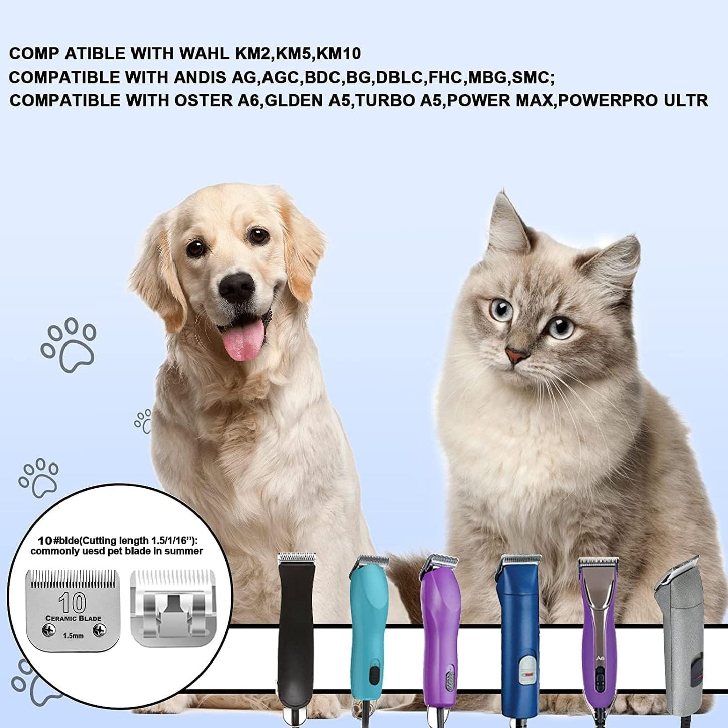7Pack 10 Blades Dog Grooming Replacement Blades Compatible with Andis Pet Clipper/Oster A5/Wahl KM Series Dog Clipper,Ceramic Blade & Stainless Steel Blade (#10+30+40+3FC+4FC+5FC+7FC)