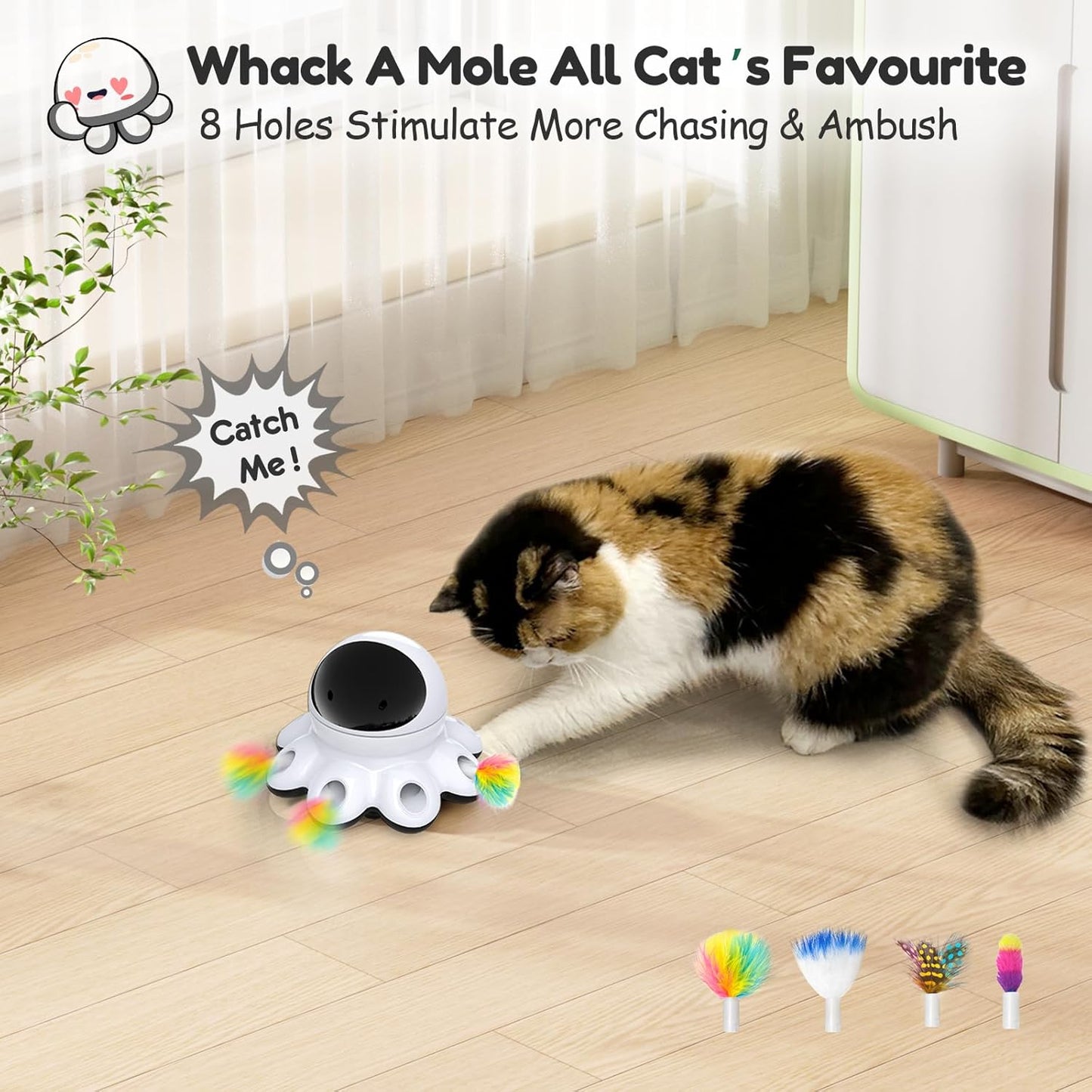 ORSDA Cat Laser Toy, 2-in-1 Interactive Automatic Motion Activated Moving 8 Holes Whack A Mole Feather, USB Rechargeable Electronic Smart Sensor Kitten Toys for Indoor Exercise