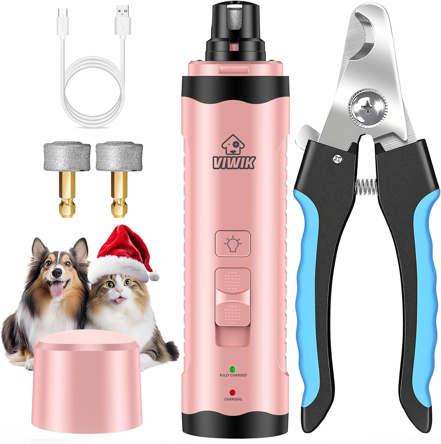 VIWIK Dog Nail Trimmers, Dog Nail Grinder with 2 LED Lights, Pet Nail Clippers Kit for Large Medium Small Dogs & Cats, 2-Speed Super Quiet Electric USB Rechargeable Pet Paws Grooming Tool Pink