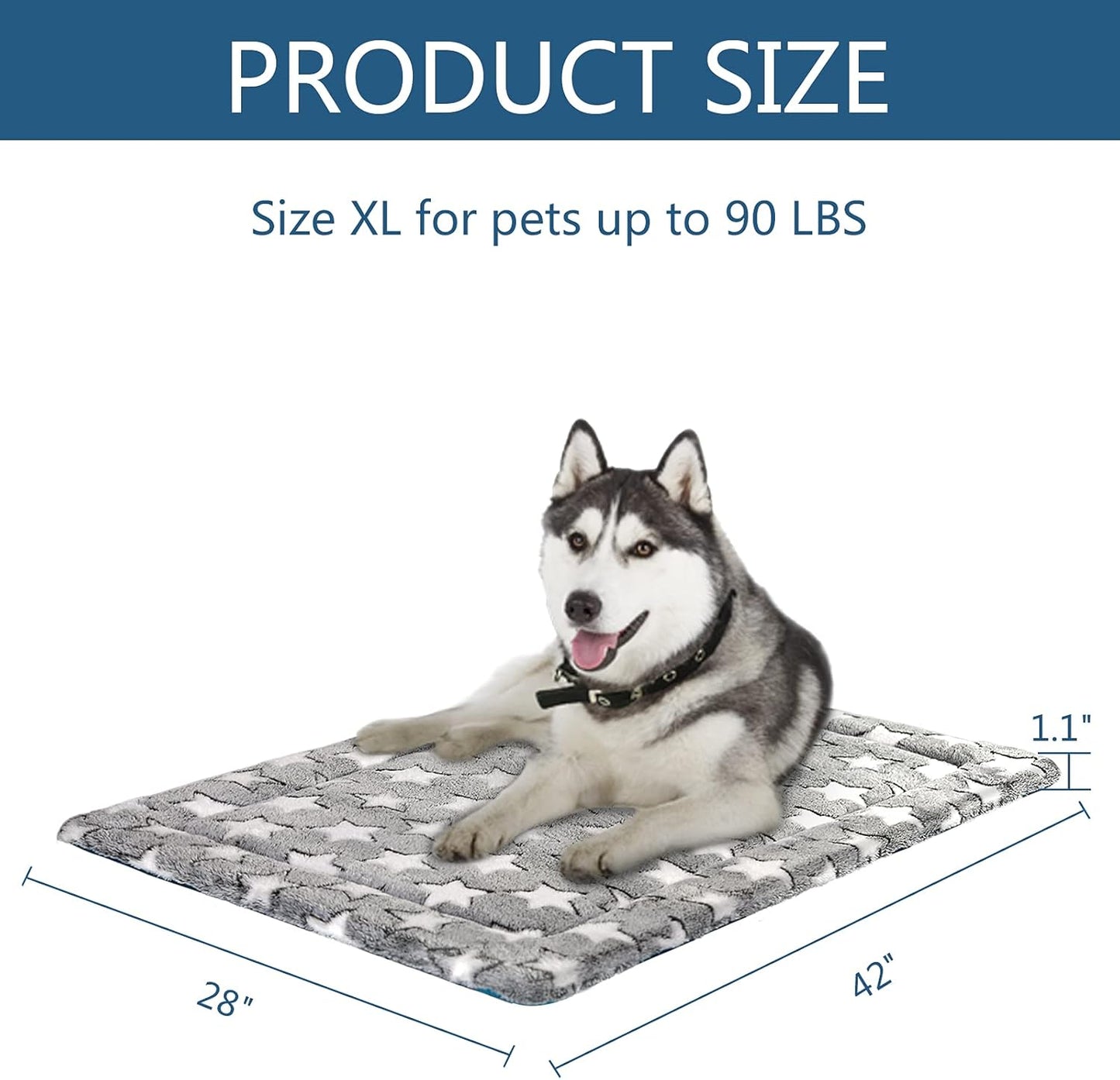KROSER Fancy Crate Pad Bed Mat Reversible (Cool & Warm), Machine Washable, for Small to XXX-Large Dogs, Grey, Navy, Star Pattern