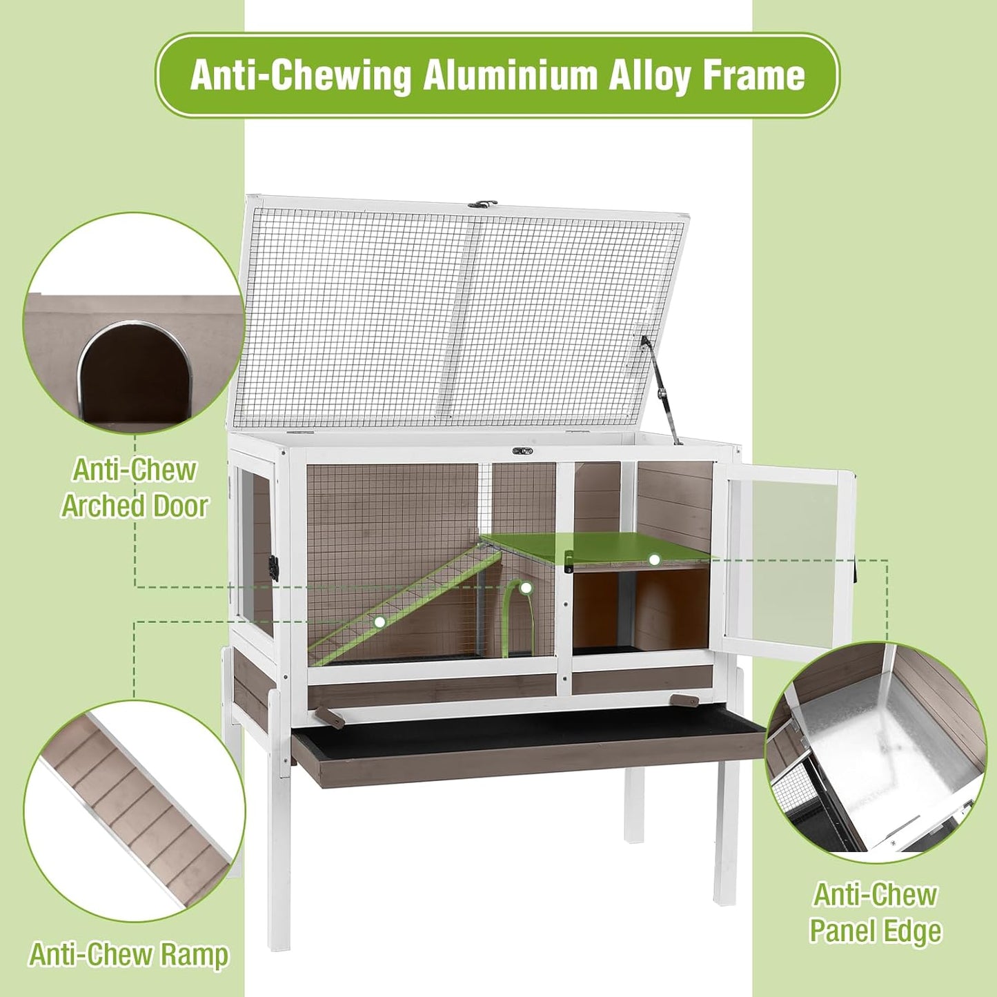 GUTINNEEN Indoor Rabbit Hutch Guinea Pig Cages with Chew-Proof Ramp, 2-Story Wooden Bunny House with Pull-Out Tray & Leakproof PVC Layer, Small Animal Cage with Detachable Legs