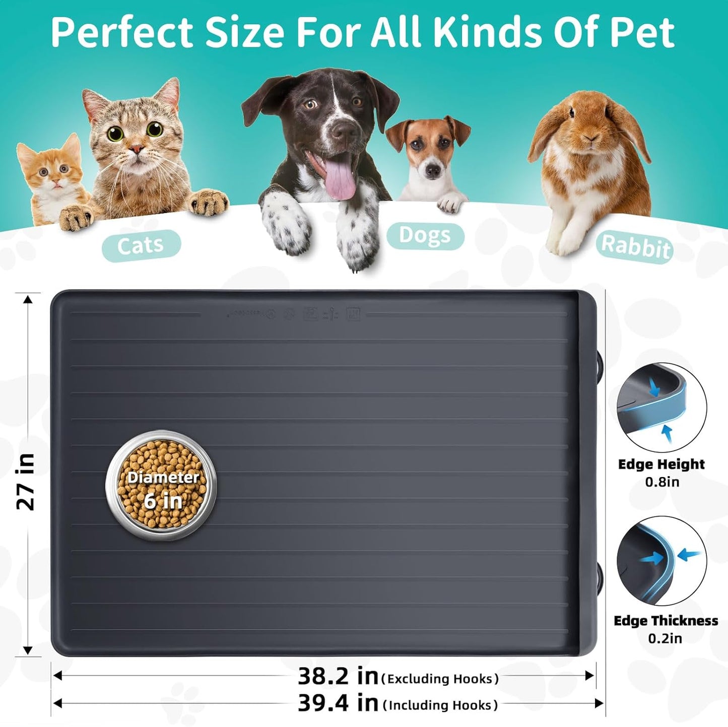 Dog Mat for Food and Water - 39.4" x 27" Large Pet Feeding Mats with Residue Collection Pocket - Waterproof Dog Cat Bowl Mat with High Edges to Prevent Water and Food Spills (Black)