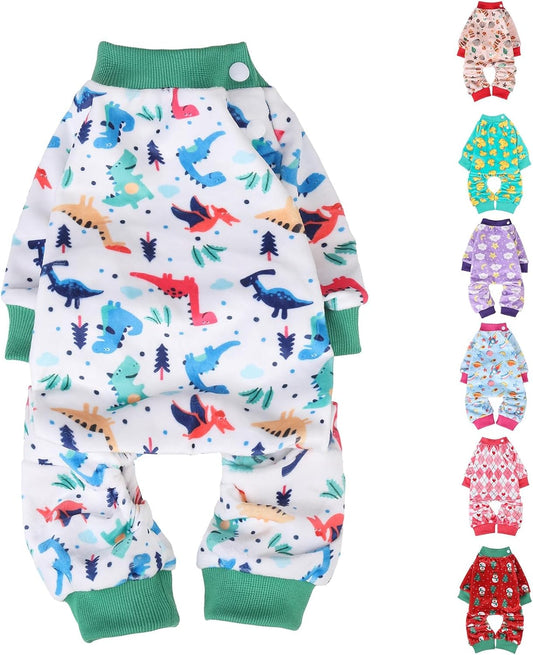 BEAUTYZOO Dog Pajamas Small Sized Dog, Summer Doggie Pajamas for Boy Girl, Soft Strechy Cotton Puppy Pjs Jammies Onesies for Men Women, Pet Jumpsuit Body Suit Cat Apparel Clothes, Green Dinosaur S