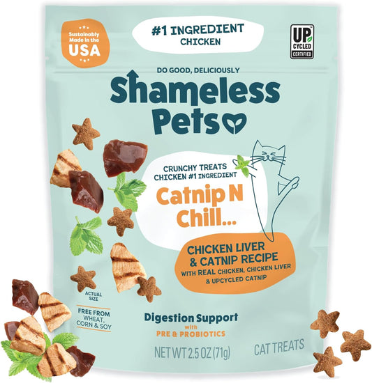 Shameless Pets Crunchy Cat Treats - Catnip Treats for Cats with Digestive Support, Kitten Treats with Real Ingredients, Natural & Healthy Flavored Feline Snacks - Catnip N Chill Chicken Liver, 1-pk
