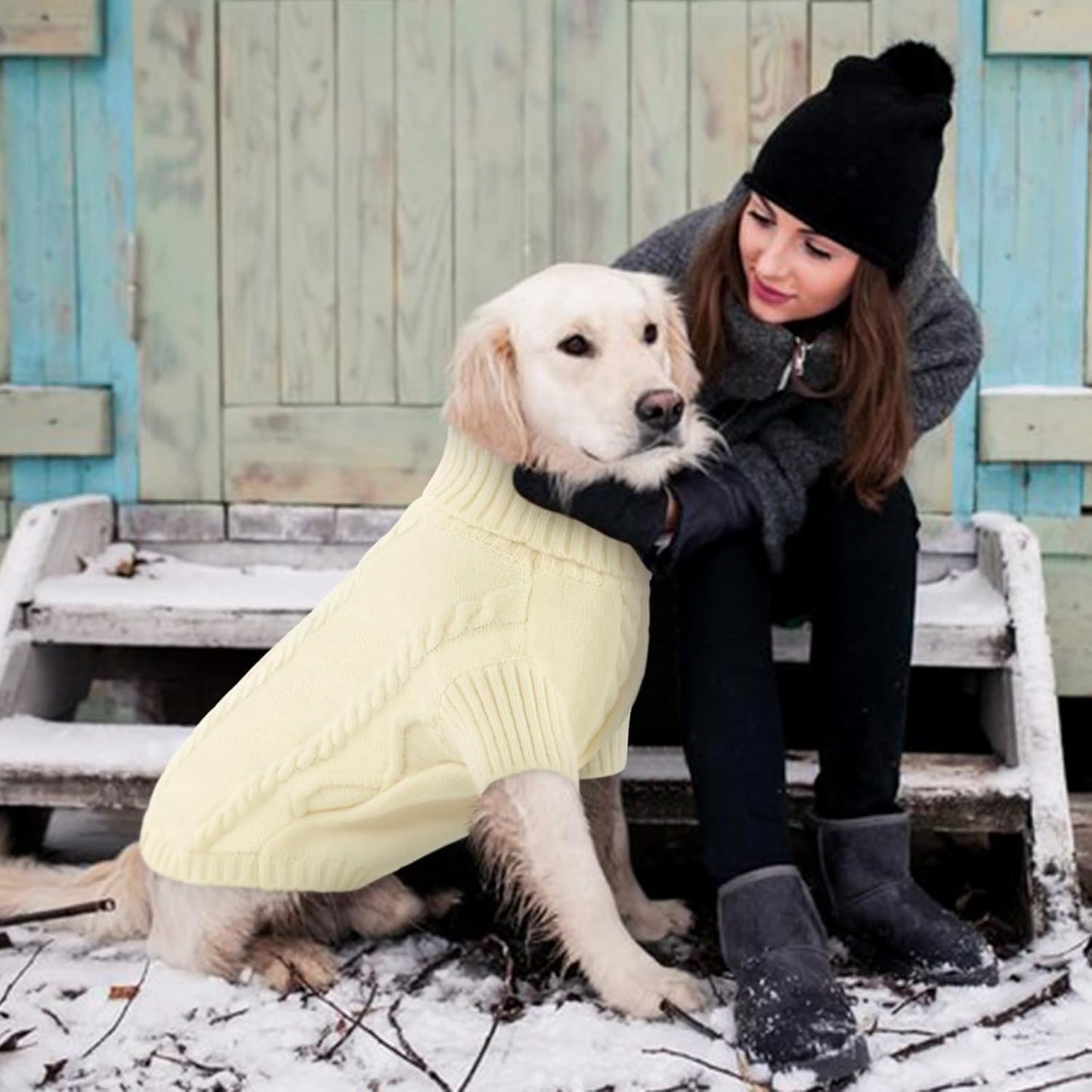 Queenmore Small Dog Pullover Sweater, Cold Weather Cable Knitwear, Classic Turtleneck Thick Warm Clothes for Chihuahua, Bulldog, Dachshund, Pug (White, X-Large)