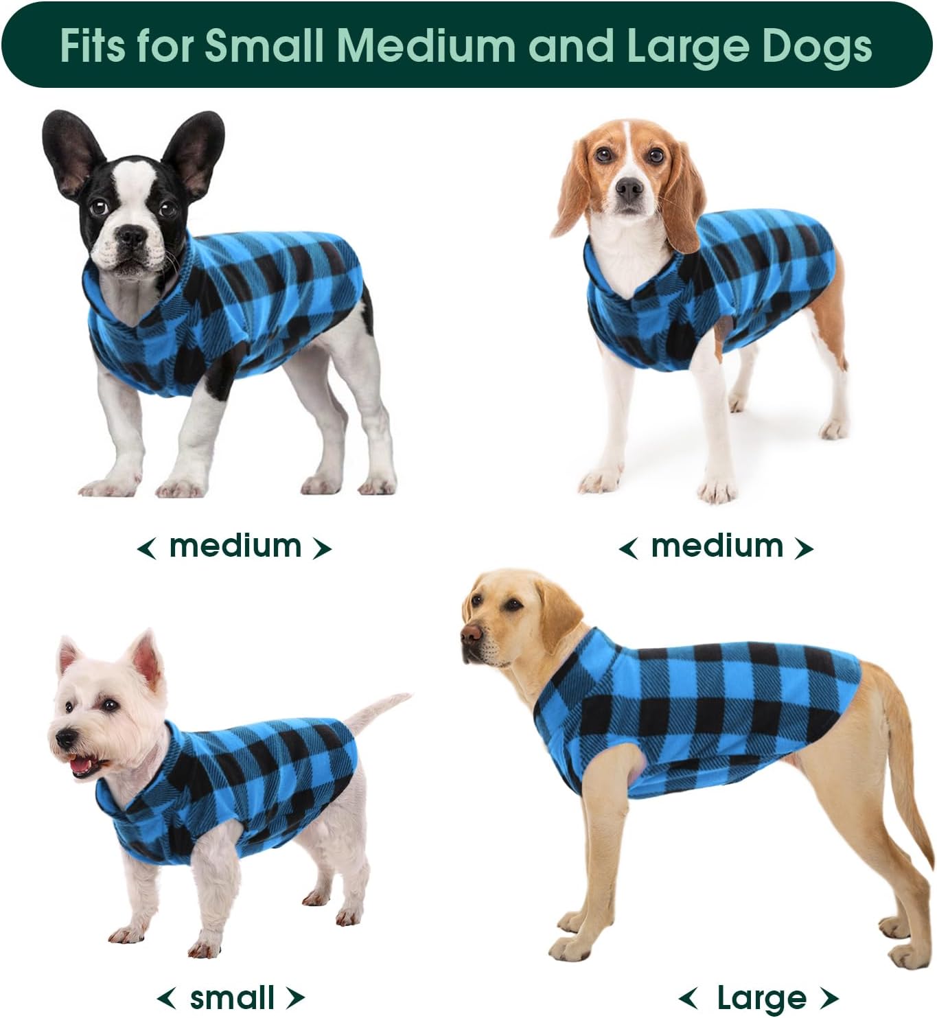 Kuoser Dog Fleece Vest,Warm Plaid Dog Sweater with Leash Hole,Soft Turtleneck Winter Pet Jacket Dogs Coat Pullover Clothes for Small Medium Dogs Cats,Spring Fall Cold Weather Christmas Outfit,Blue S