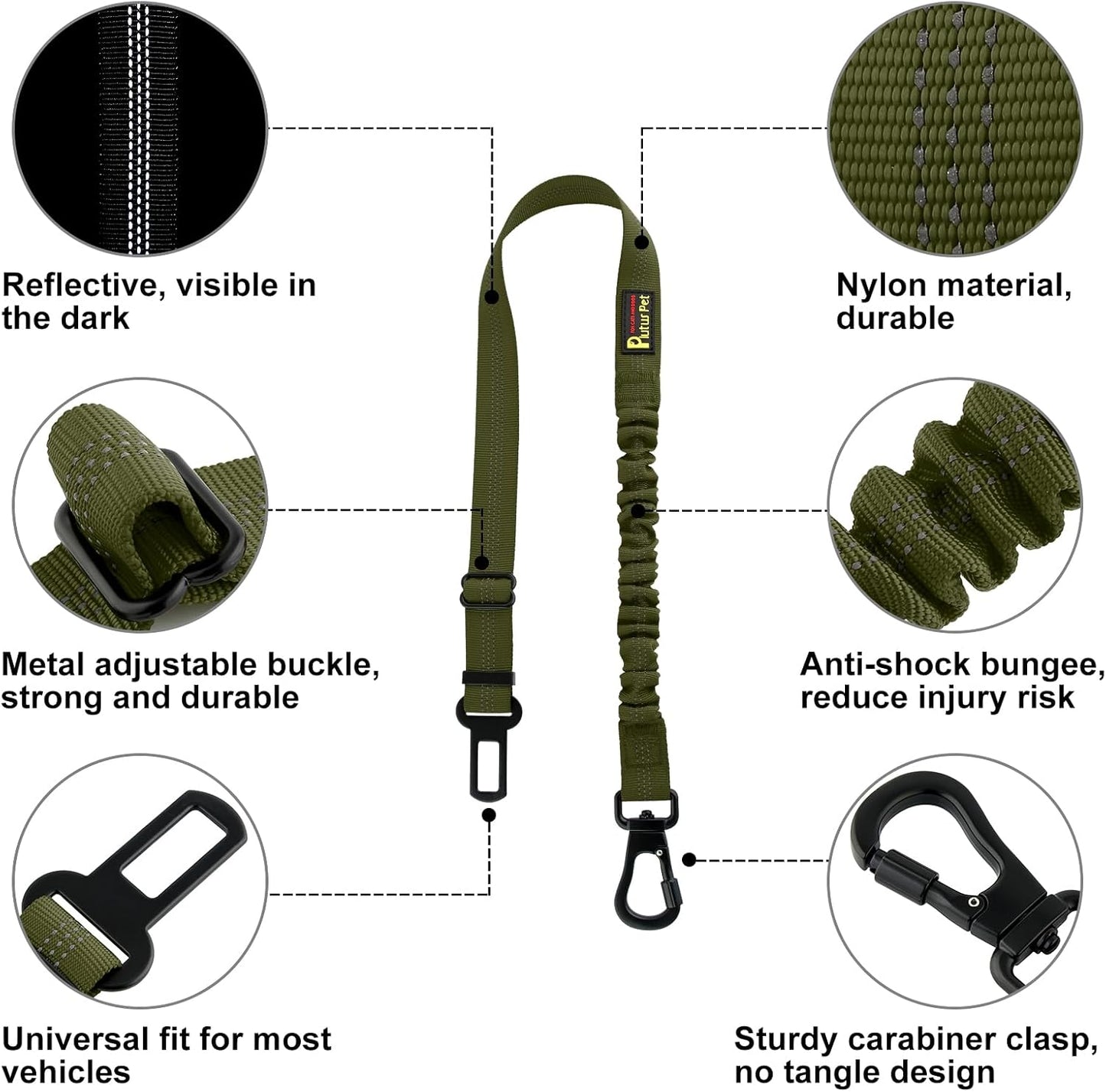 Plutus Pet Dog Seat Belt for Car, Adjustable Dog Car Harness with Carabiner Clip, Reflective Safety Dog Seatbelt Leash with Elastic Bungee, Ranger Green