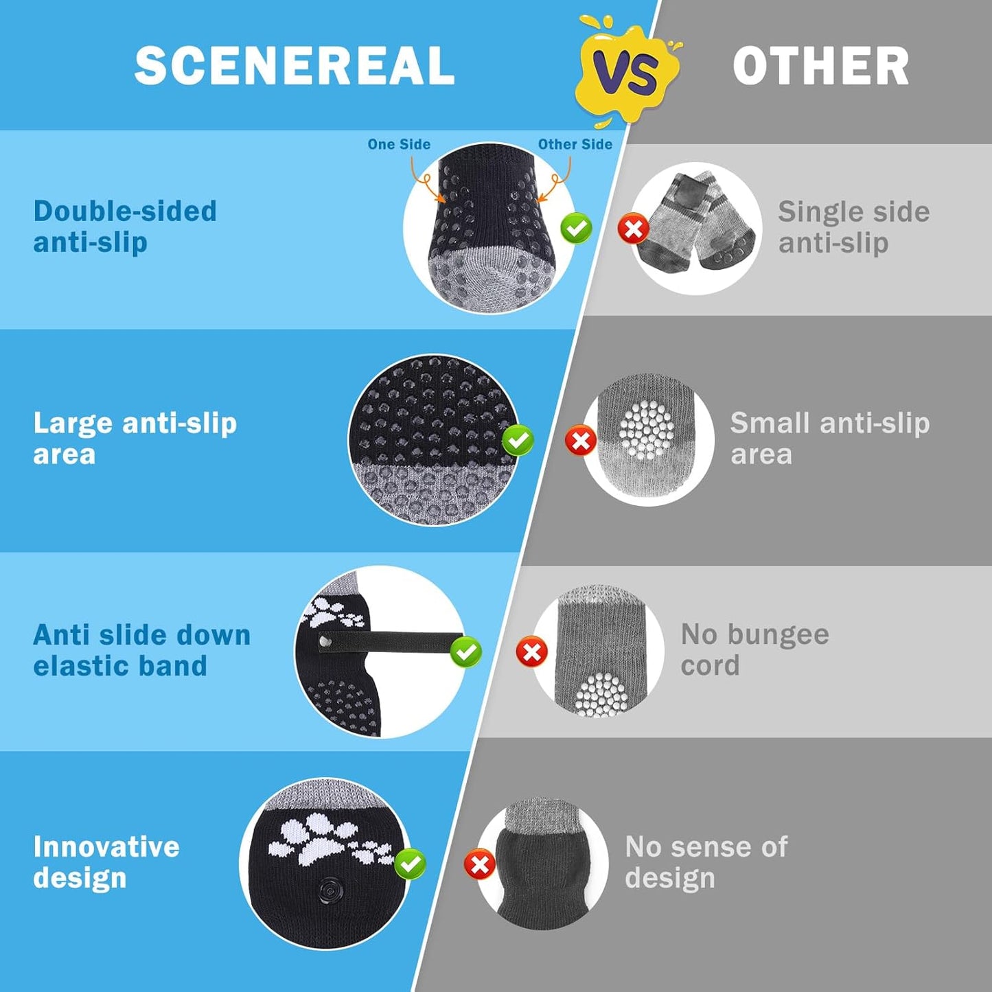 SCENEREAL Anti Slip Dog Sock to Prevent Licking Paws for Hardwood Floors, Boots & Paw Protector Shoes for Hot/Cold Pavement with Grippers, Double Sides Grips for Small Medium Large Senior Dogs, L