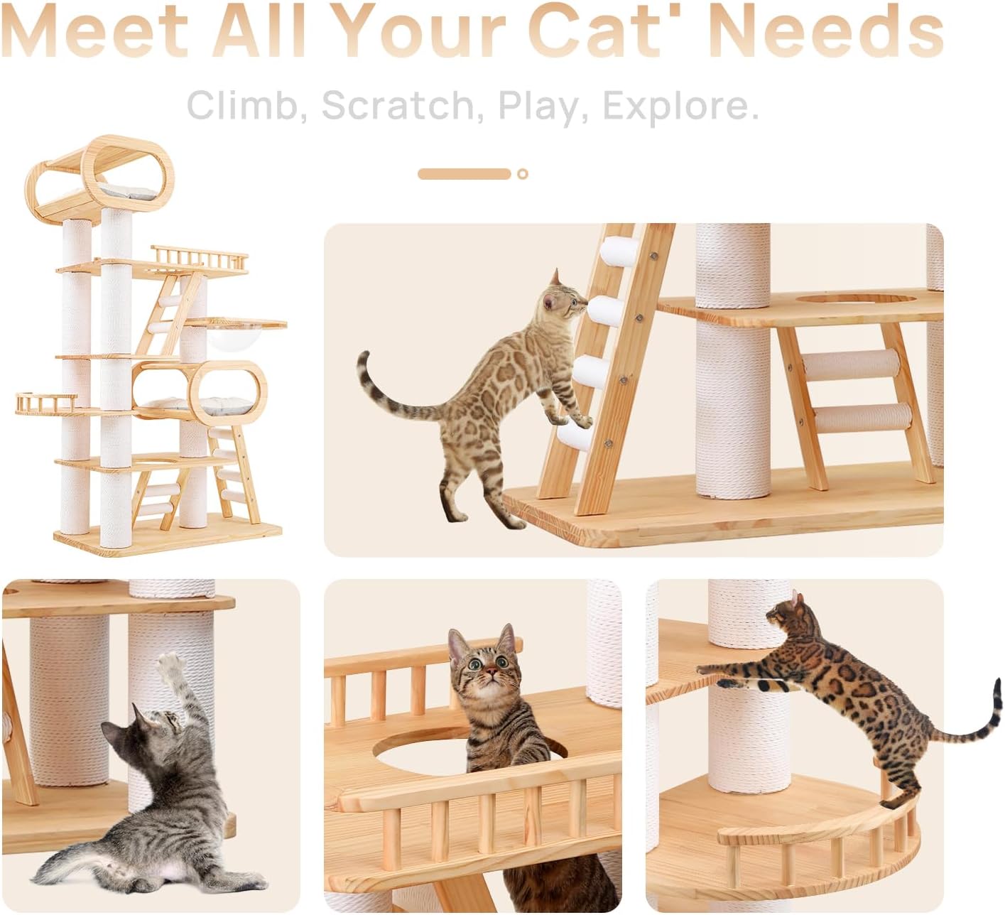 77‘’ Modern Cat Tree, Tall Wood Cat Tower for Indoor Cats Large Adult, Heavy Duty Cat Tree with Scratching Post, Luxury Kitty Condo, Sturdy Cat Furniture with 1 Transparent Bed and 3 Climb Labber