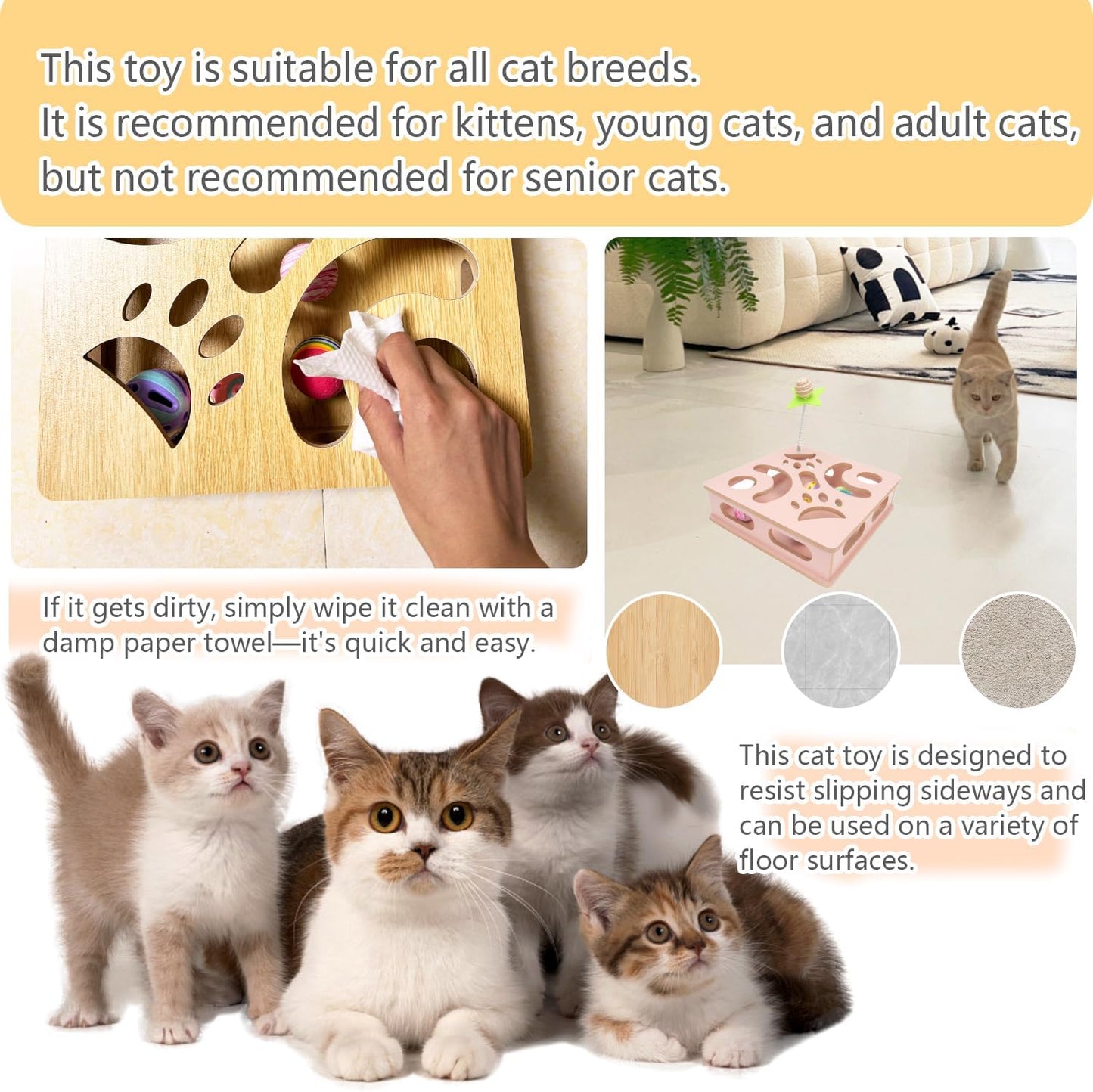 Interactive Wooden Cat Puzzle Toy Box Indoor Hunting Play Toy to Stimulate Your Cat’s Energy and Instincts (Pink)