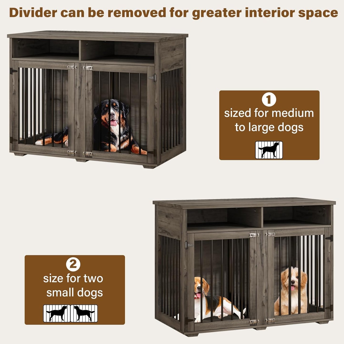 Furniture Dog Crate for 2 Dogs, 41 Inch Dog Kennel Furniture with Removable Divider and Shelf Storage, Wooden Dog Crate for Small/Medium Dogs, Grey