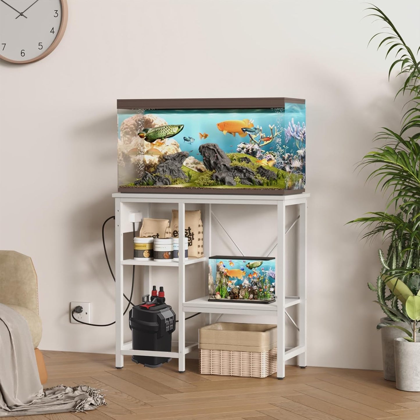 20-29 Gallon Fish Tank Stand with Power Outlet & LED Light, Metal Aquarium Stand with 3 Tier Adjustable Storage Shelves, Tank Stand for Reptile Tank, Turtle Tank, 30.7" L*13.8" W, White