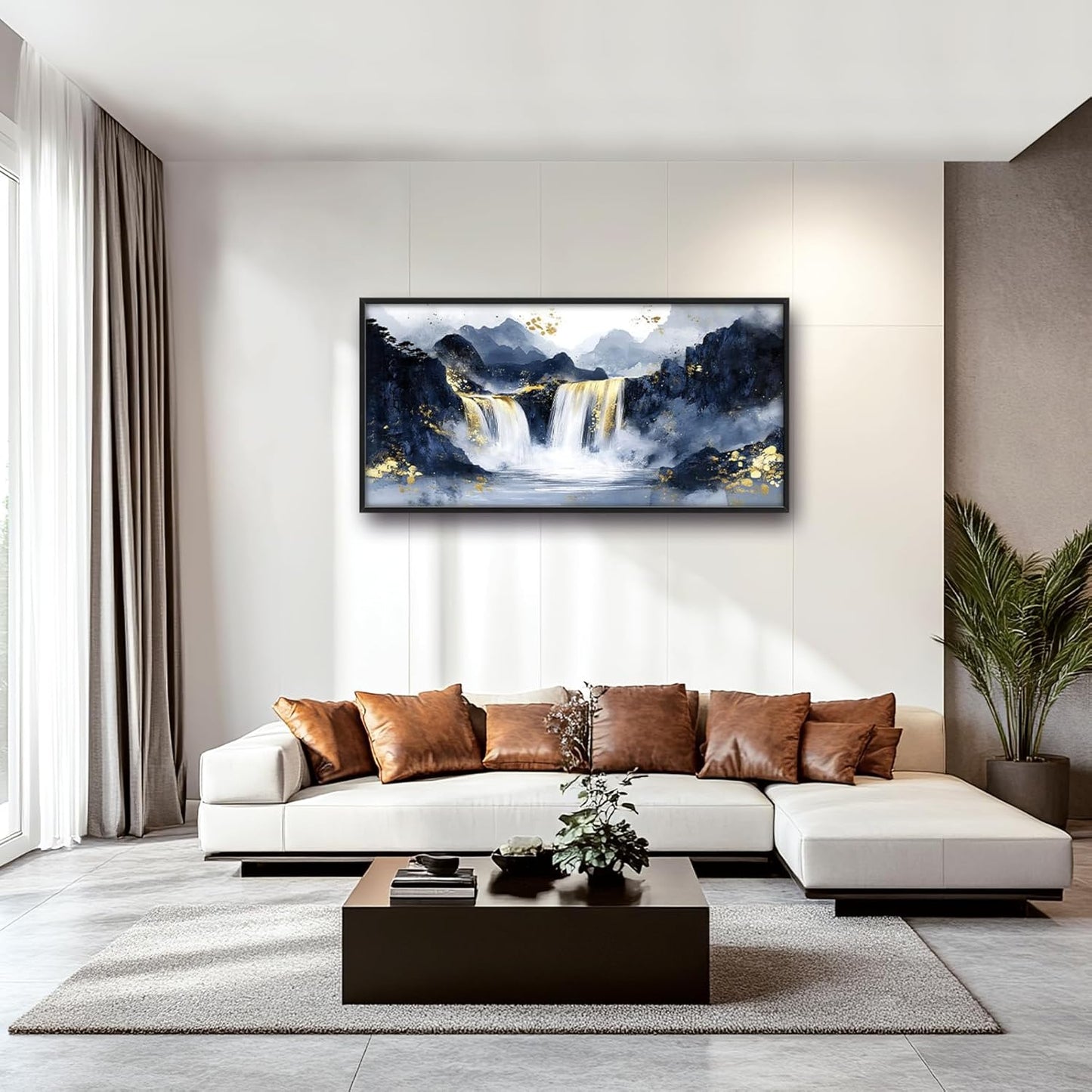 Extra Large Abstract Golden Waterfall Framed Wall Art for Living Room,Oversized Foggy Mountain Pictures Wall Decor,Canvas Print Painting Modern Artwork Bedroom Office Bathroom 60L" x 30W"