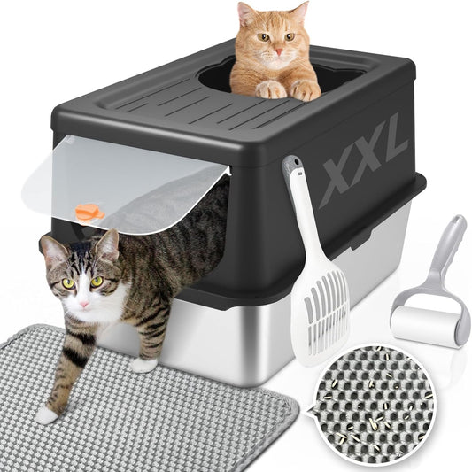 Stainless Steel Litter Box with Lid, Extra Large Cat Box with high Sides, Kitty Litter Pan Enclosure, top Entry Cat Litter Box Extra Large with Litter Scoop & Litter Mat, Anti-Leakage (XL Black)