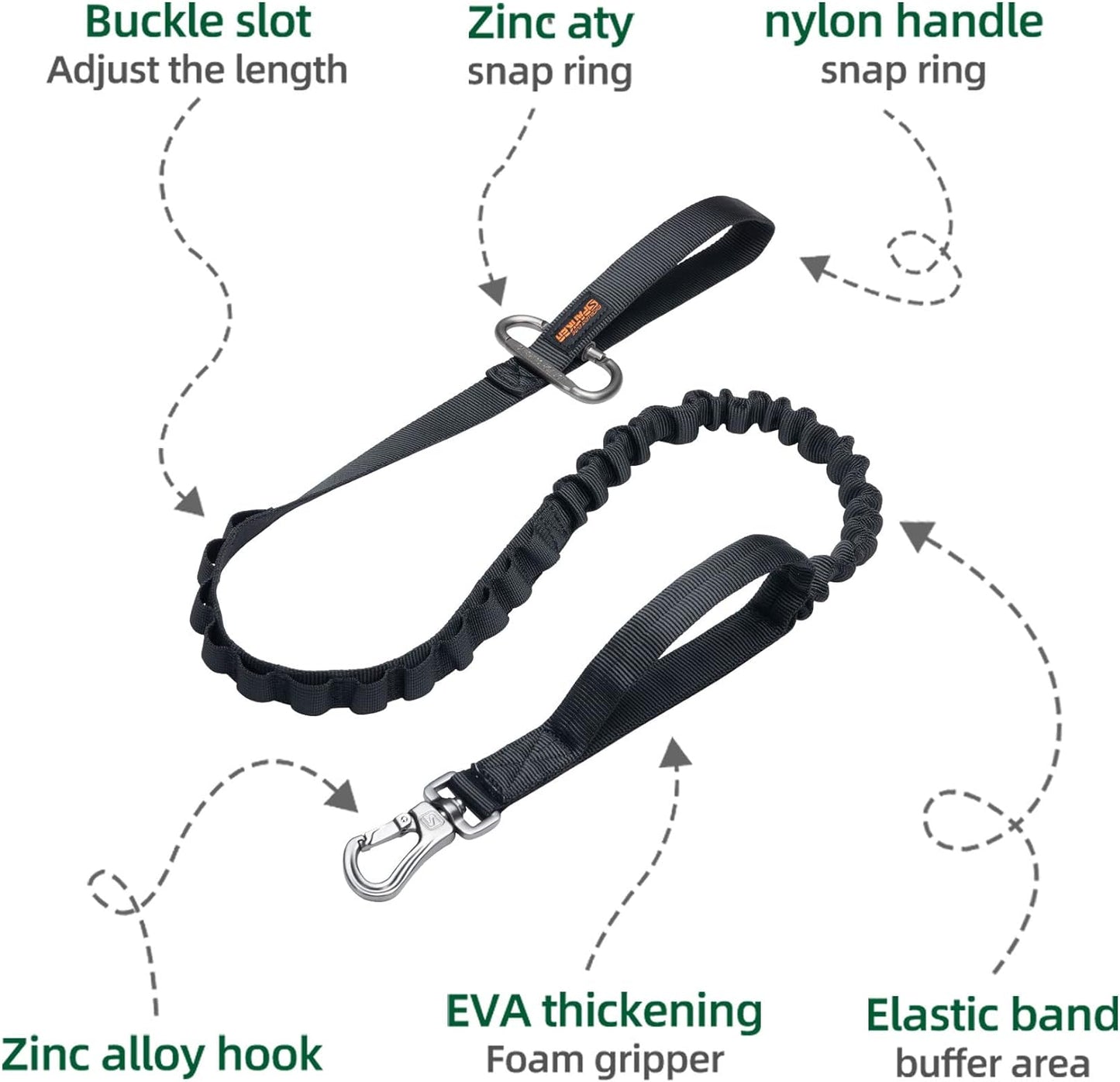 EXCELLENT ELITE SPANKER Tactical Bungee Dog Leash Military Adjustable Dog Leash Quick Release Elastic Leads Rope with 2 Control Handle(Black