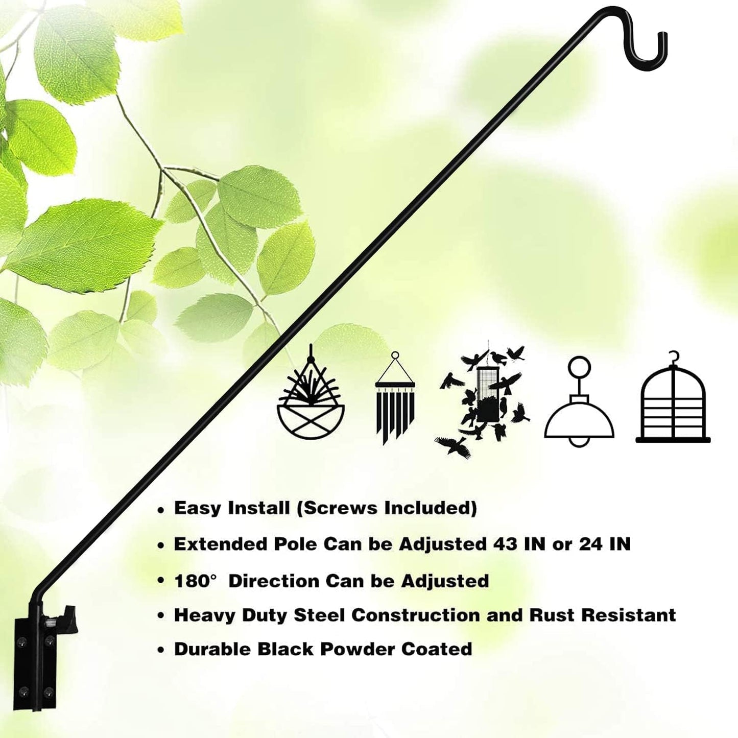 MIXXIDEA 2 Packs Heavy Duty Extended Reach Wall Mounted Deck Hook Wall Pole, Wall Bracket Direction and Length Adjustable Plant Bracket for Bird Feeders, Planters, Suet Baskets, Lanterns, Wind Chimes