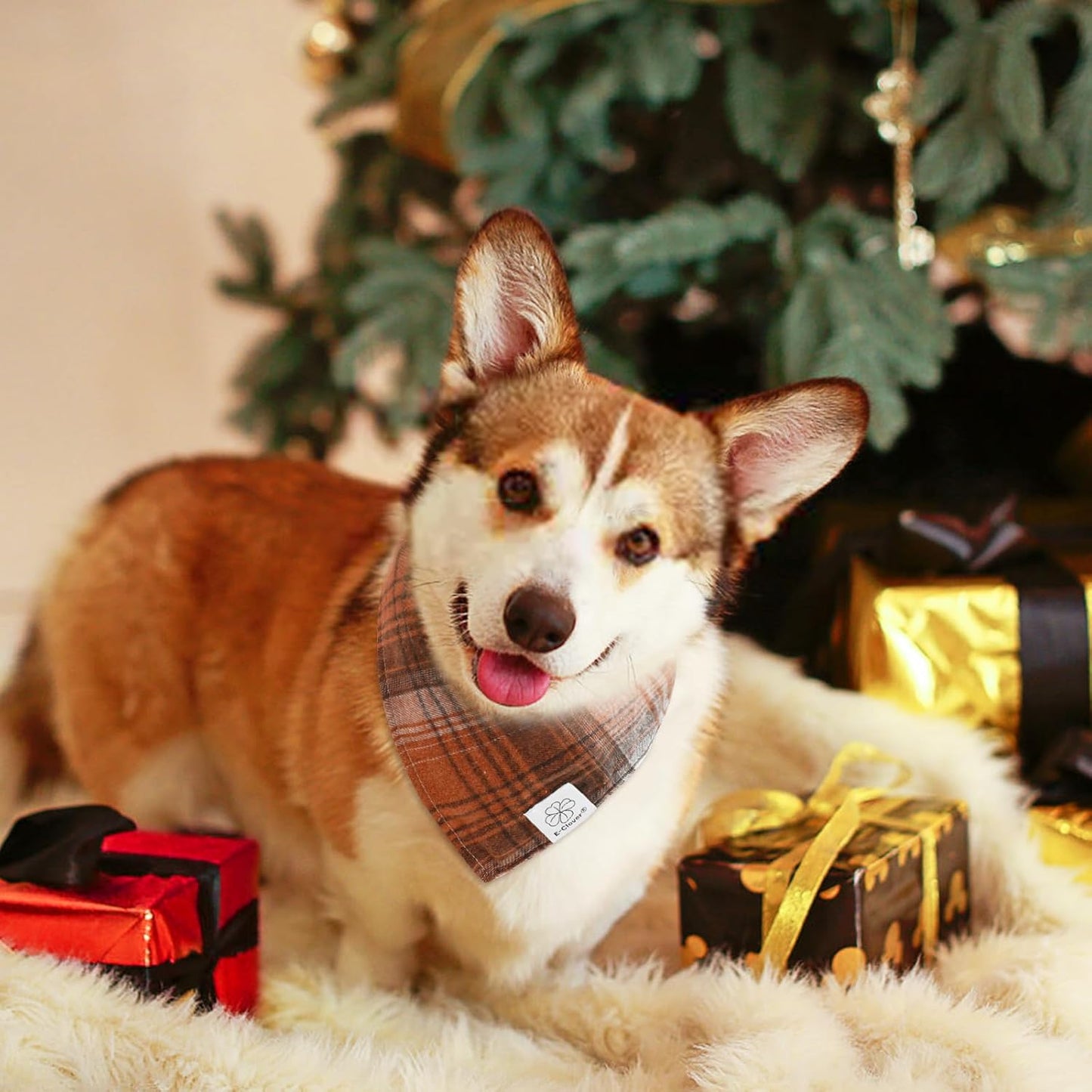E-Clover Brown Plaid Dog Bandana & Matching Scrunchie-Fall Dog Bandana Triangle Plaid Pet Scarf Bib for Small Dogs Puppy Girl Boy Owner Gift