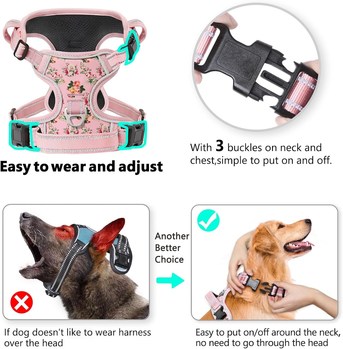 Timos Dog Harness, No-Pull Pet Harness with 2 Leash Clips, 3 Snap Buckles Adjustable Soft Padded Dog Vest, Reflective No-Choke Pet Oxford Vest with Easy Control Handle for Small Medium Large Dogs