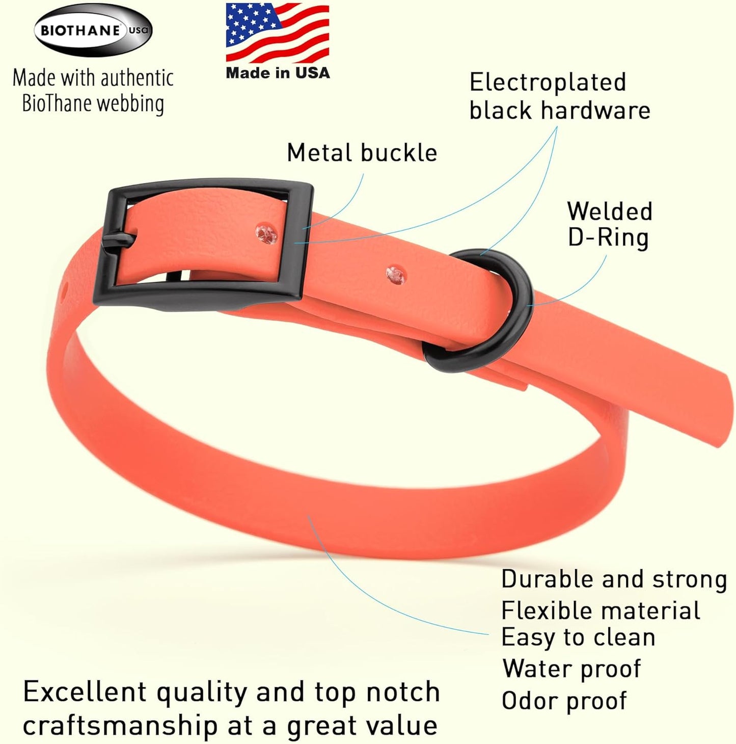 Dogline Biothane Waterproof Dog Collar Strong Coated Nylon Webbing with Black Hardware Odor- Proof for Easy Care Easy to Clean High Performance Fits Small Medium or Large Dogs, Coral