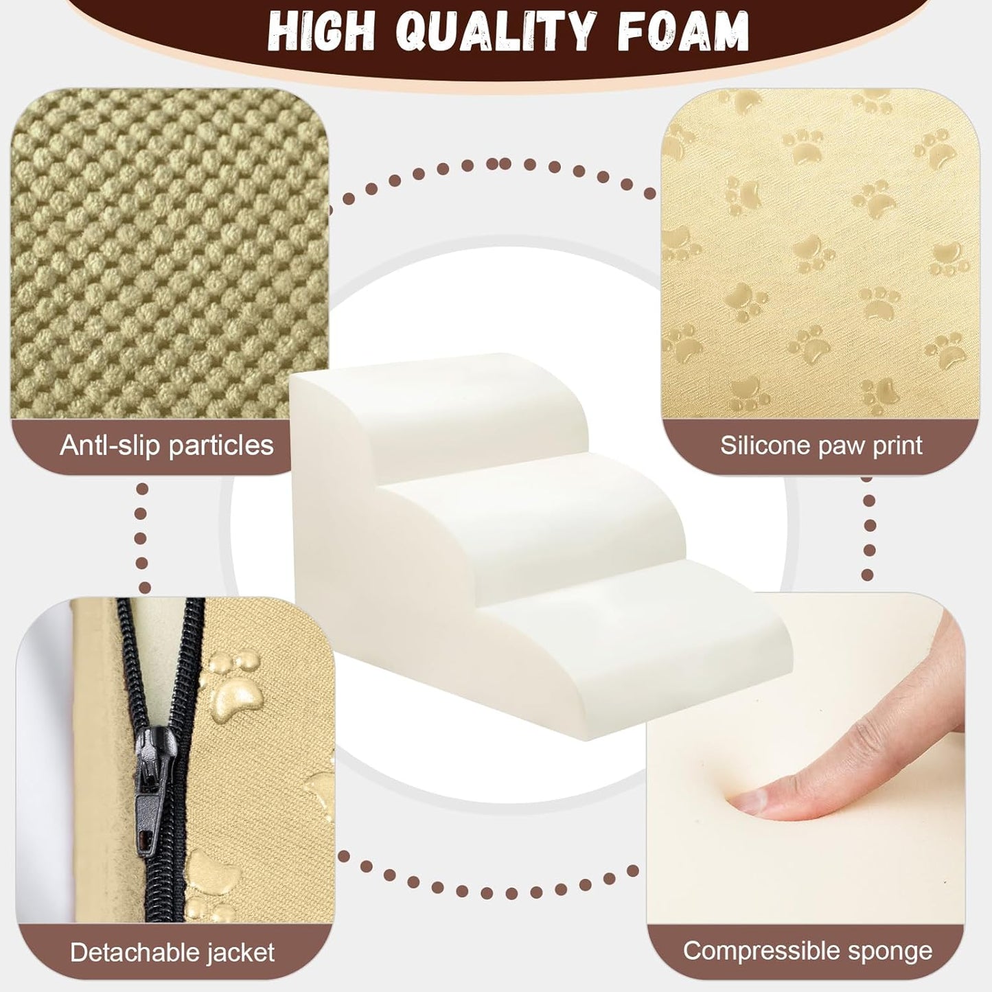 Dog Stairs for Small Dogs - High Density Foam Pet Steps, Extra Wide Dog Ramp with Non-Slip Bottom for High Beds, Couch and Sofa, Best for Dogs Injured, Older Doggy Cats,3 Steps, Camel