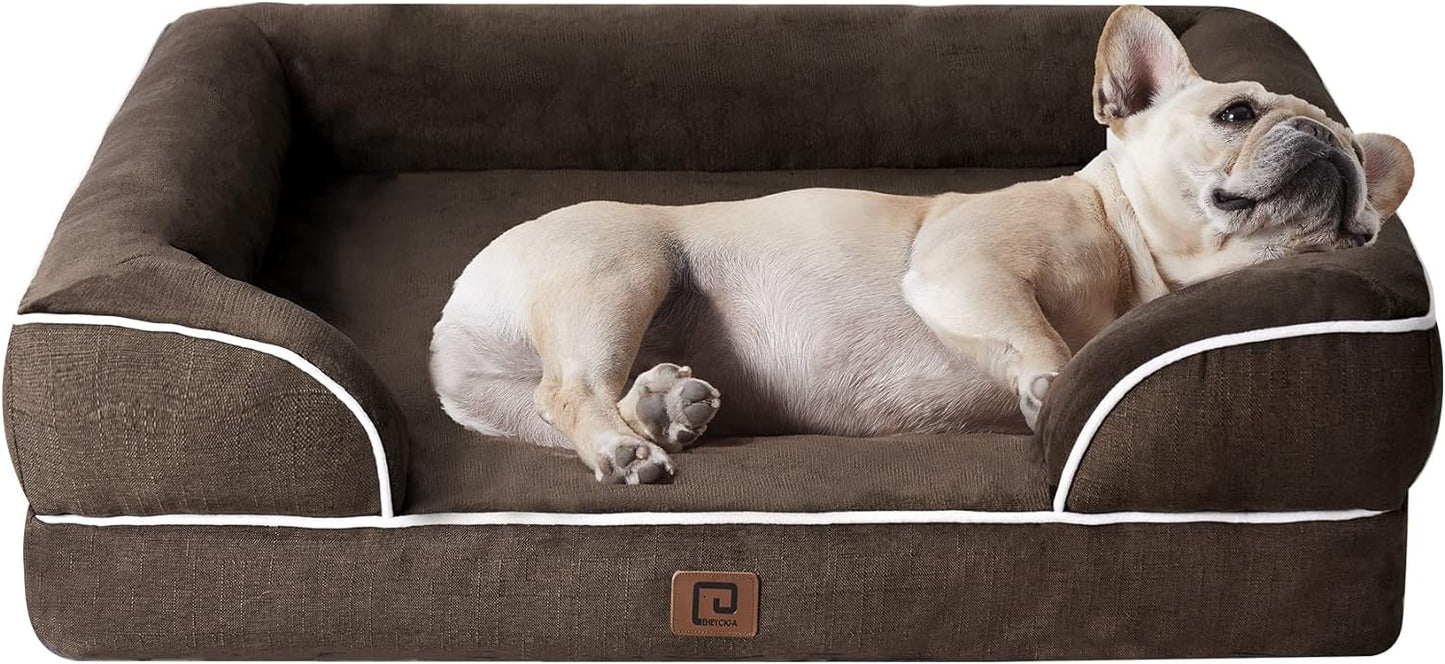 EHEYCIGA Orthopedic Dog Bed for Medium Dogs, Waterproof Memory Foam Medium Dog Beds with Sides, Non-Slip Bottom and Egg-Crate Foam Pet Couch Bed with Washable Removable Cover, Brown