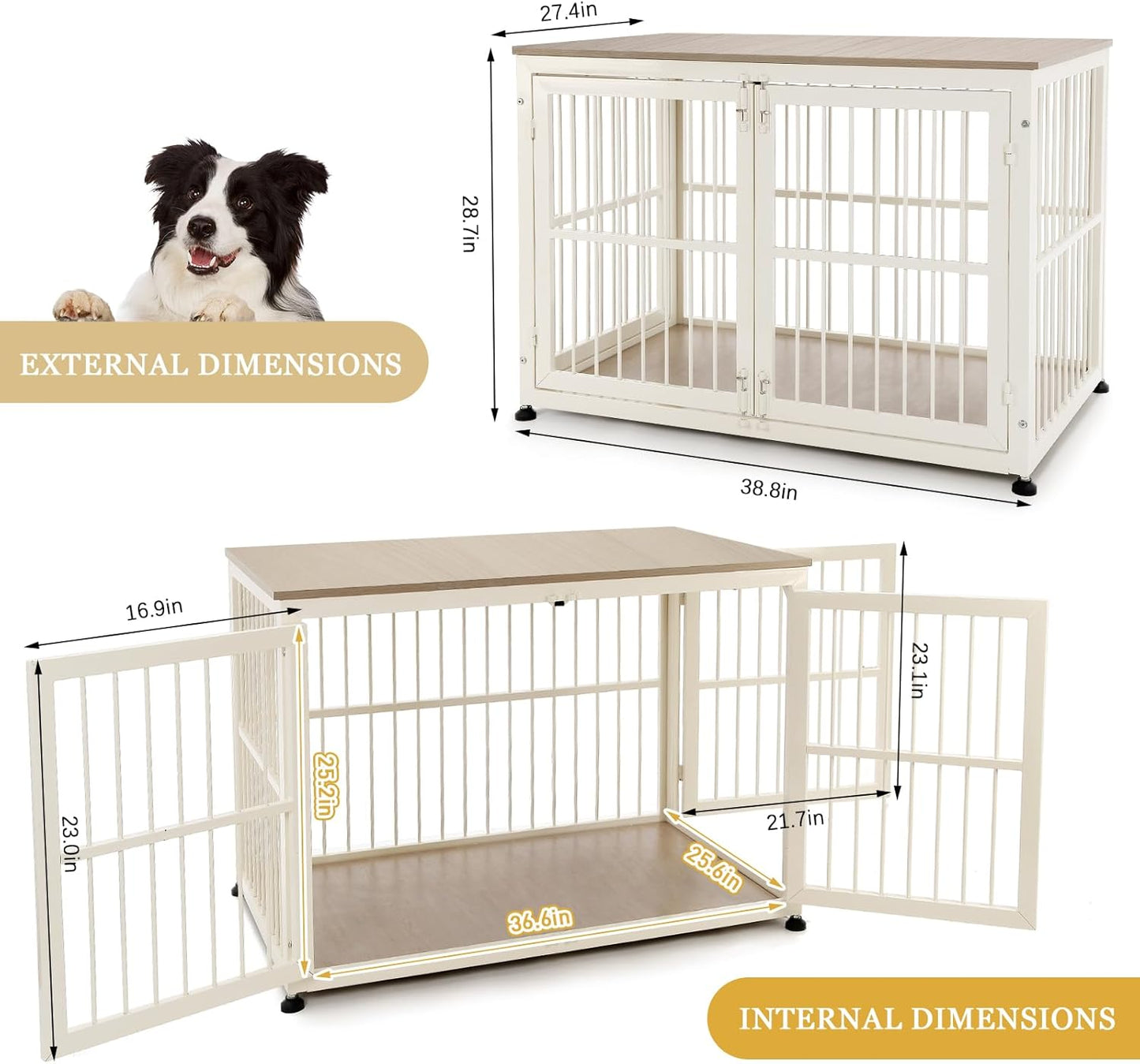 40 Inch Dog Crate Furniture for Large Medium Dogs, Wooden Heavy Duty Dog Kennel with Double Doors, Decorative Pet House Dog Cage Side End Table Indoor, Pet Cage Dog House, Beige