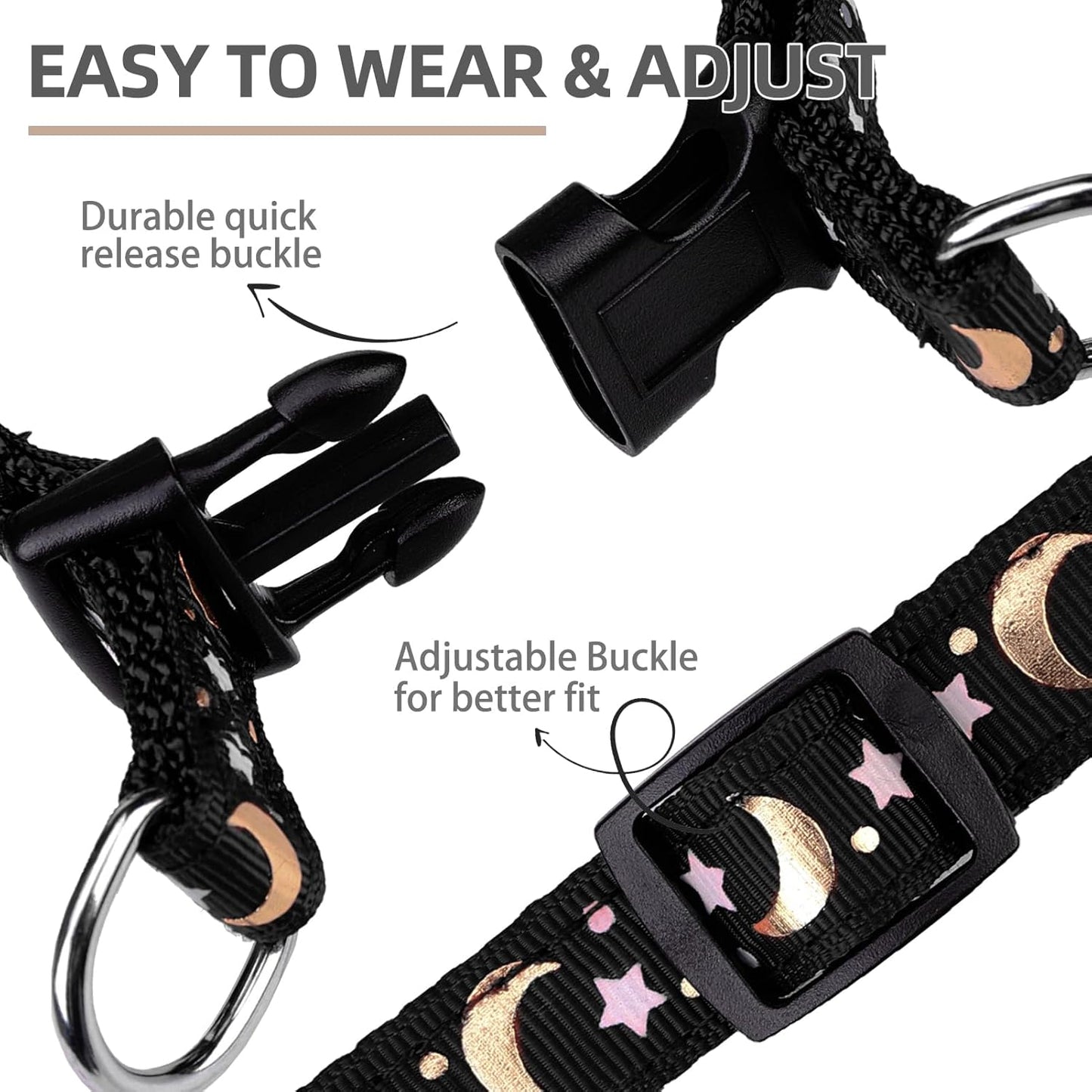 PUPTECK No Pull Dog Harness Soft Adjustable Basic Nylon Step in Puppy Vest Outdoor Walking with ID Tag, Moon Star Black, S