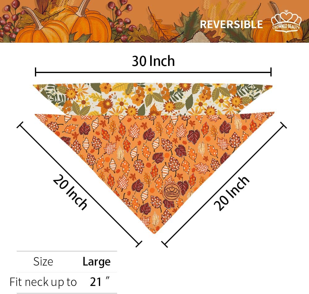 CROWNED BEAUTY Fall Dog Bandanas Reversible Large 2 Pack, Rustic Flower Set, Orange Adjustable Triangle Holiday Scarves for Medium Large Extra Large Dogs Boy Girl Pets DB182-L