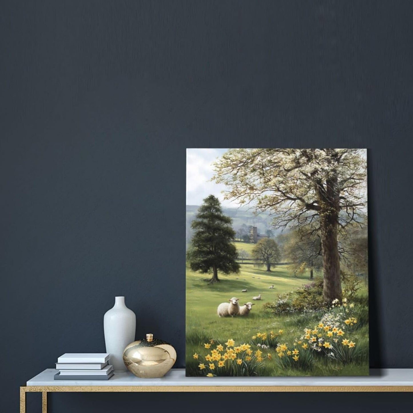 Country Sheep Canvas Wall Decor Farmhouse Rustic Lamb Wildflower Wall Art Nature Countryside Landscape Pictures Painting Print Framed Artwork Decorations for Bathroom Living Room Bedroom 16"x20"