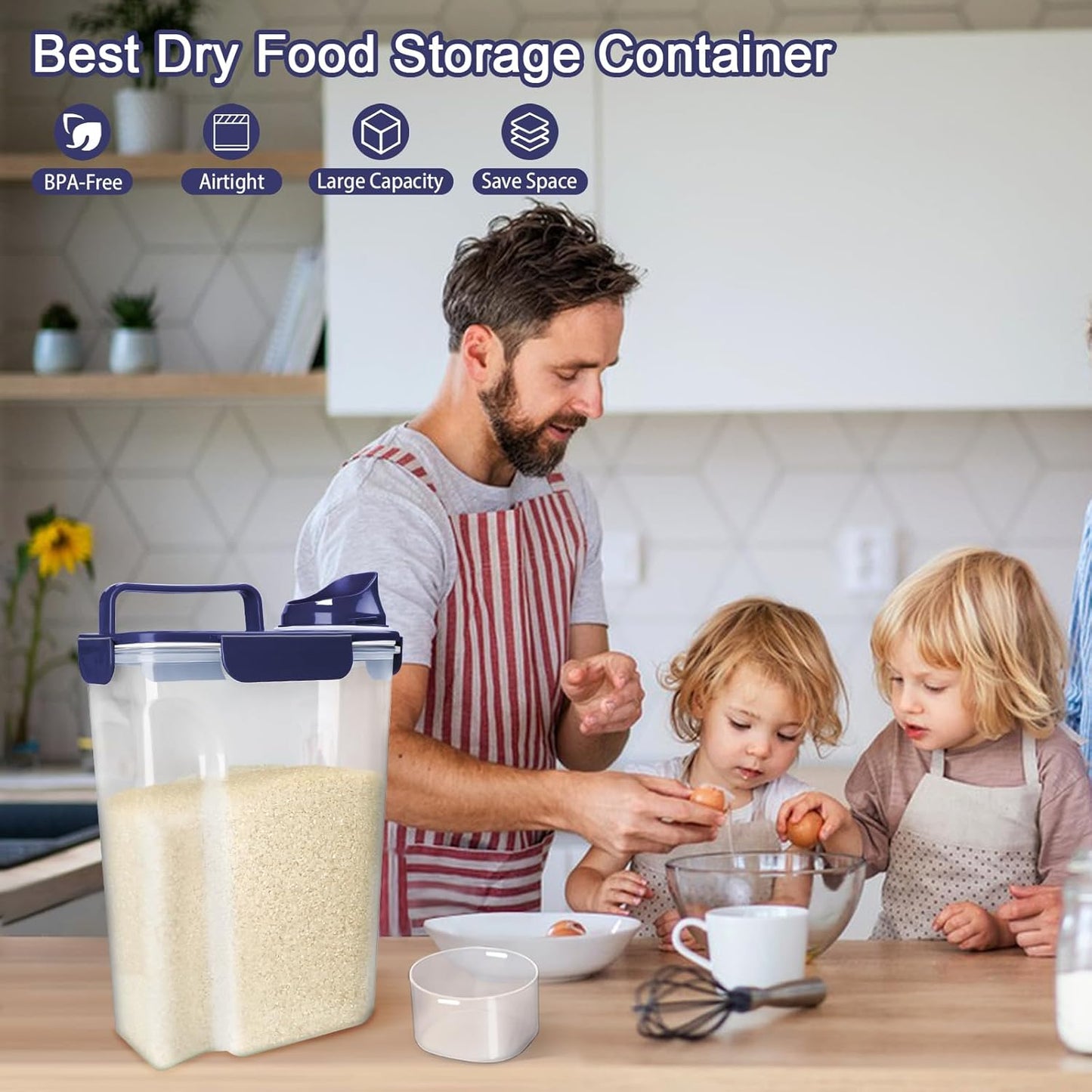 Rice Container, Airtight Rice Storage Container 10lb, Cereal Containers Storage, BPA Free Food Dispenser with Pouring Spout Handle for Flour Pasta Grain, Pet Dog Cat Bird Food Storage Container