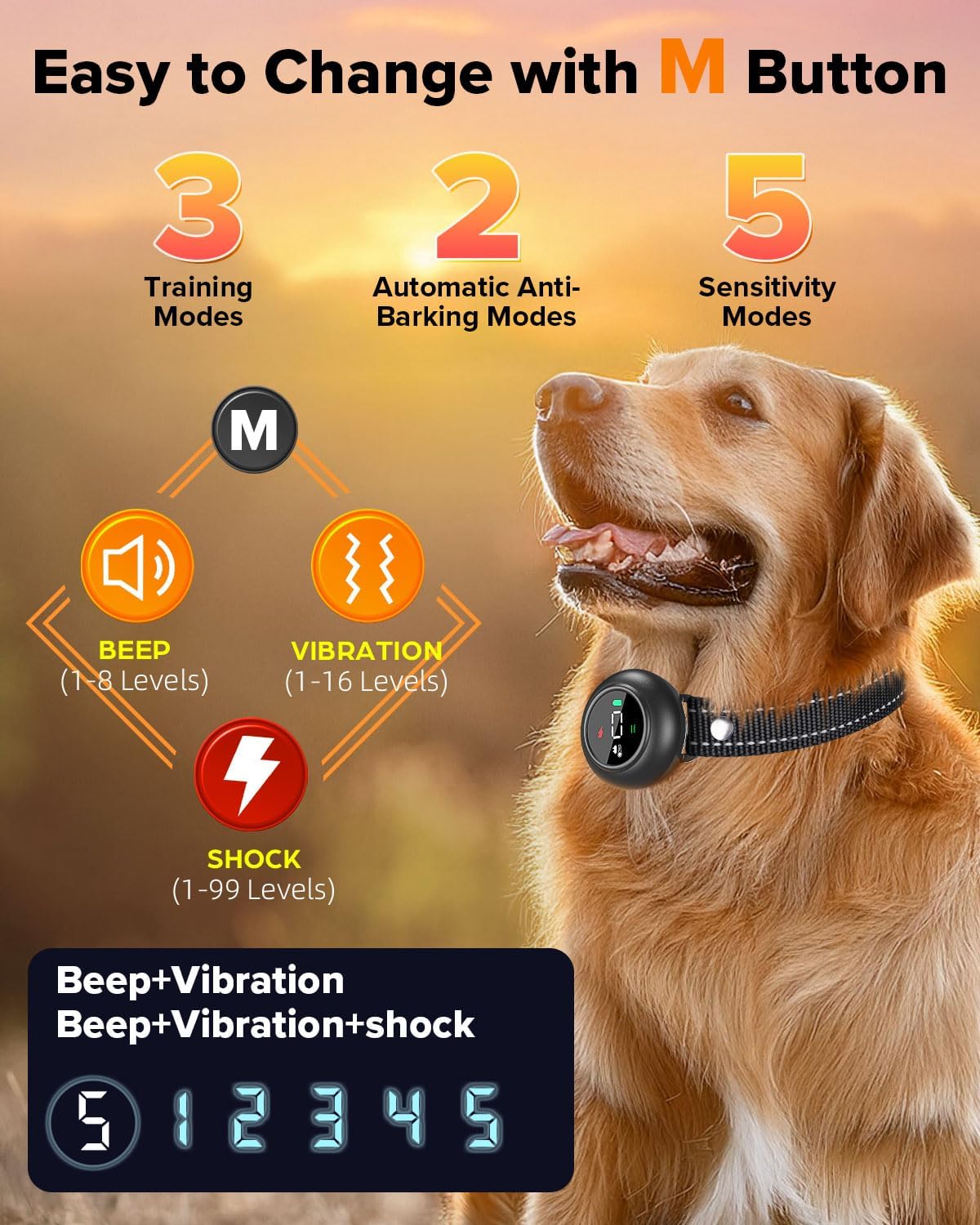 XDX 2-in-1 Dog Shock Collar & Bark Collar – 3300FT Dog Training Collar with Remote, Automatic Anti-Barking, 5 Adjustable Sensitivity Levels, IP67 Waterproof E-Collar for Small Medium Large Dogs
