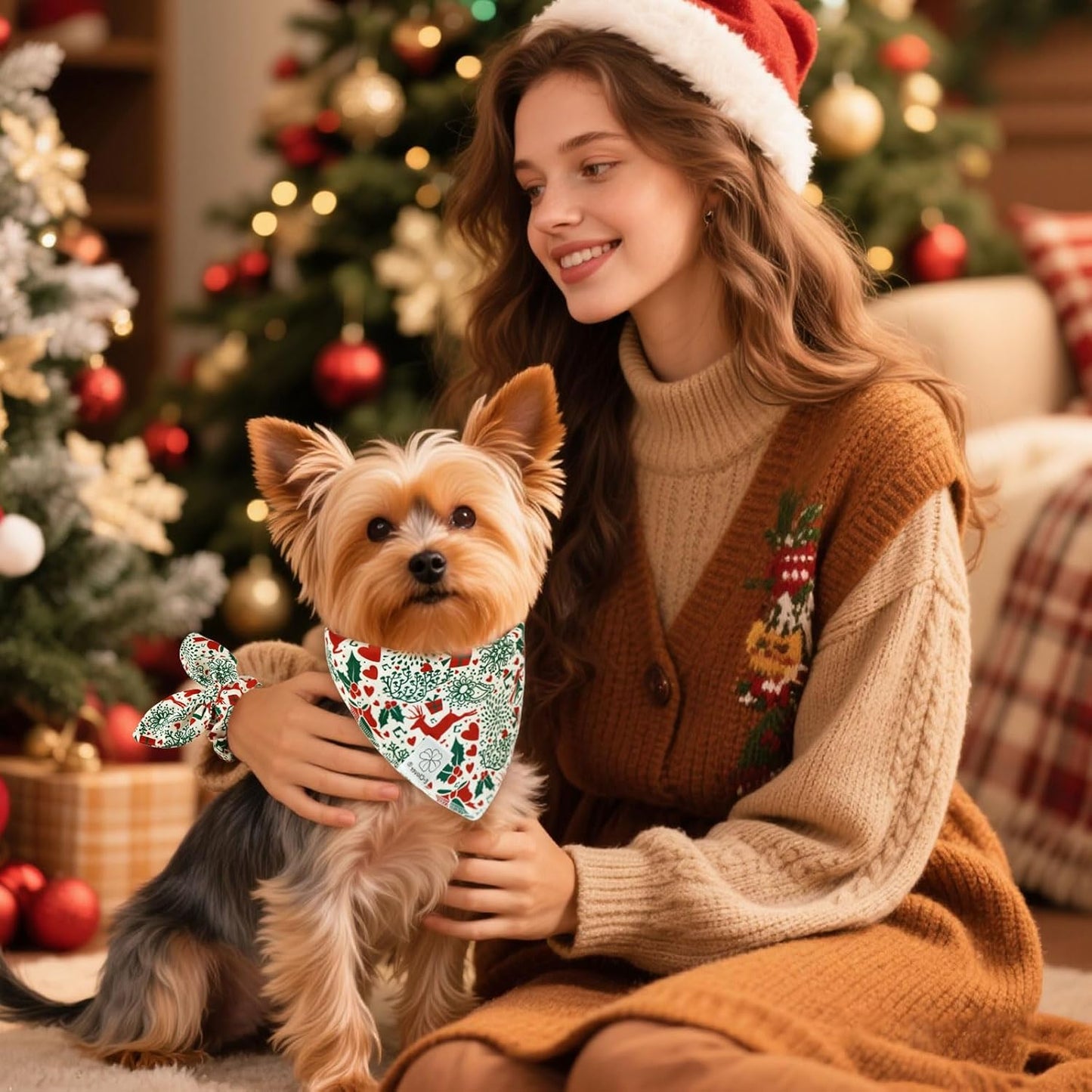 E-Clover Christmas Dog Bandanas & Matching Scrunchie Set White Green Red Dog Scarf Bibs Pet Bandana with Bow Tie for Small Dogs Puppy Owner Mom Winter