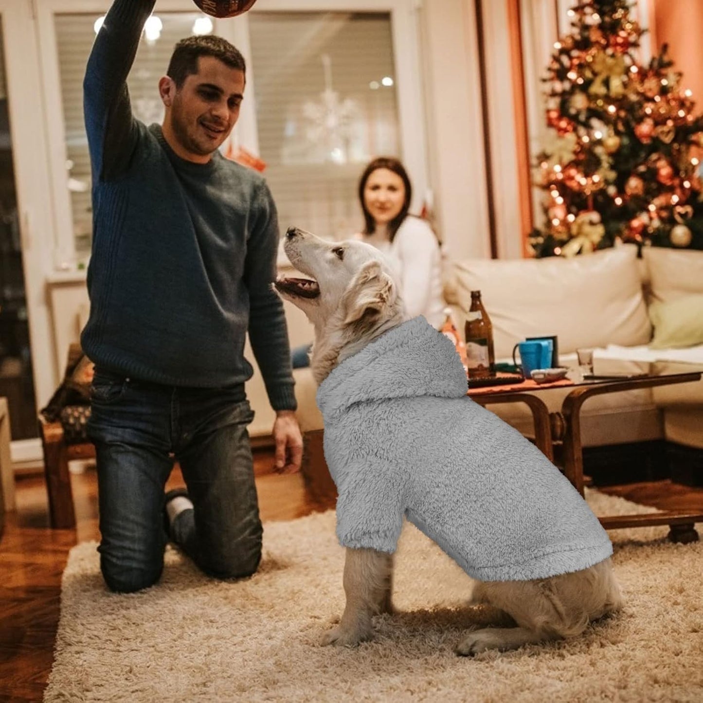 Fuzzy Dog Sweaters for Large Dogs Pet Hoodie Clothes Warm Soft Pet Coats Hooded Sweatshirt Dog Sweaters for Extra Large Dogs(Grey-XL)