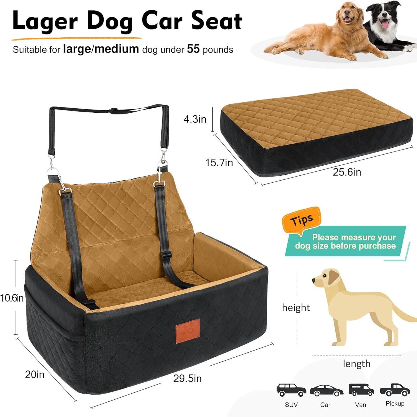 Dog Car Seat for Large Medium Dogs,Washable Pet Car Seat Under 55 lbs or 2 Small Dogs,Dog Booster Seat with Thick Cushion,2 Safety Leashes Travel Car Dog Bed