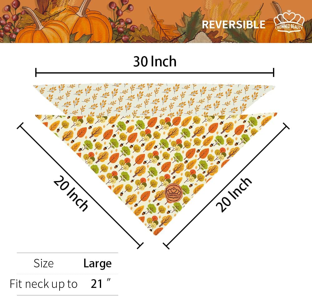 CROWNED BEAUTY Fall Dog Bandanas Reversible Large 2 Pack, Fall Tree Set, Orange Adjustable Triangle Holiday Scarves for Medium Large Extra Large Dogs Boy Girl Pets DB183-L