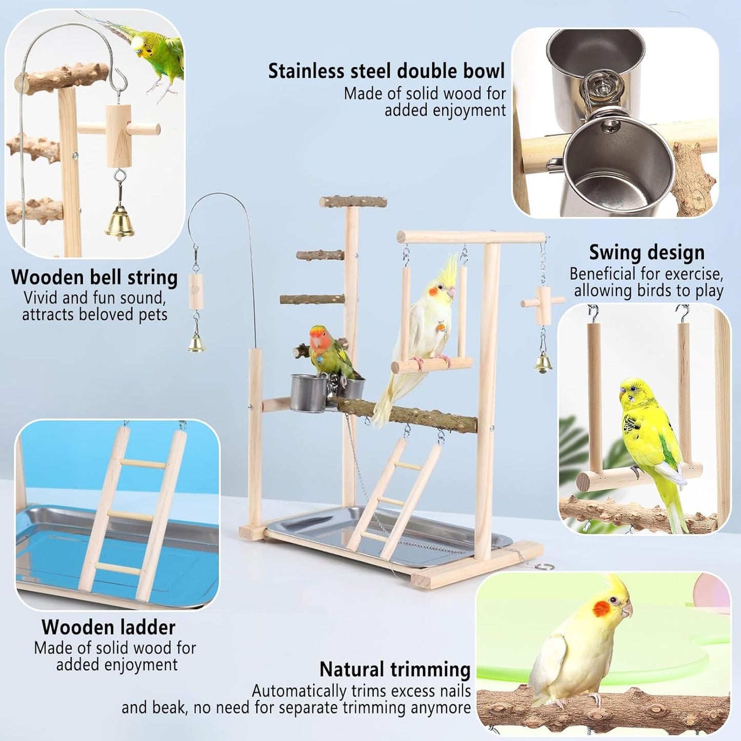 Bird Playground Parrot Playstand Bird Perch Stand Gym Natural Wood Play Stand with Swing Ladder Feeder Cups for Parakeets Cockatiels Lovebirds Conures Budgies