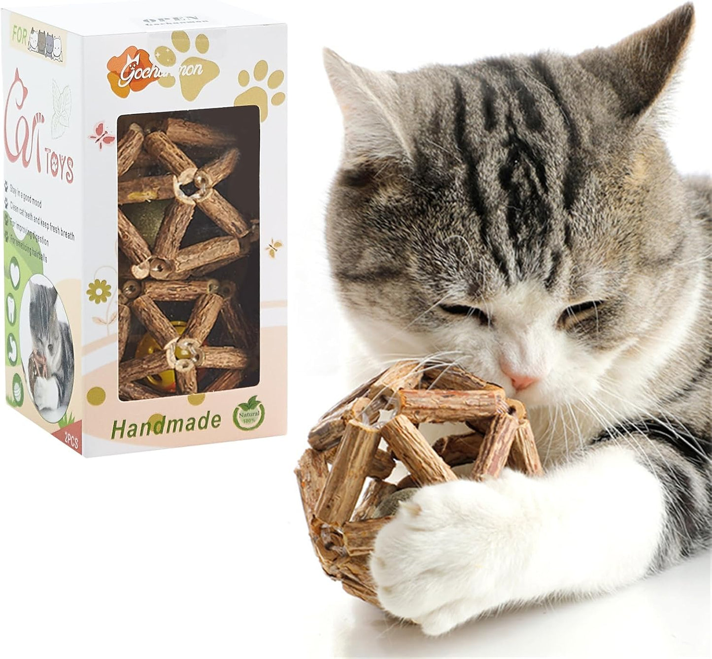 Catnip Toys-2Pcs Natural Silvervine Stick Catnip Ball&Bell Ball-Cat Toys for Indoor Cats- Cleaning Teeth Molar Tools Matatabi Cat Chew Toy-Kitten Toys All Breeds