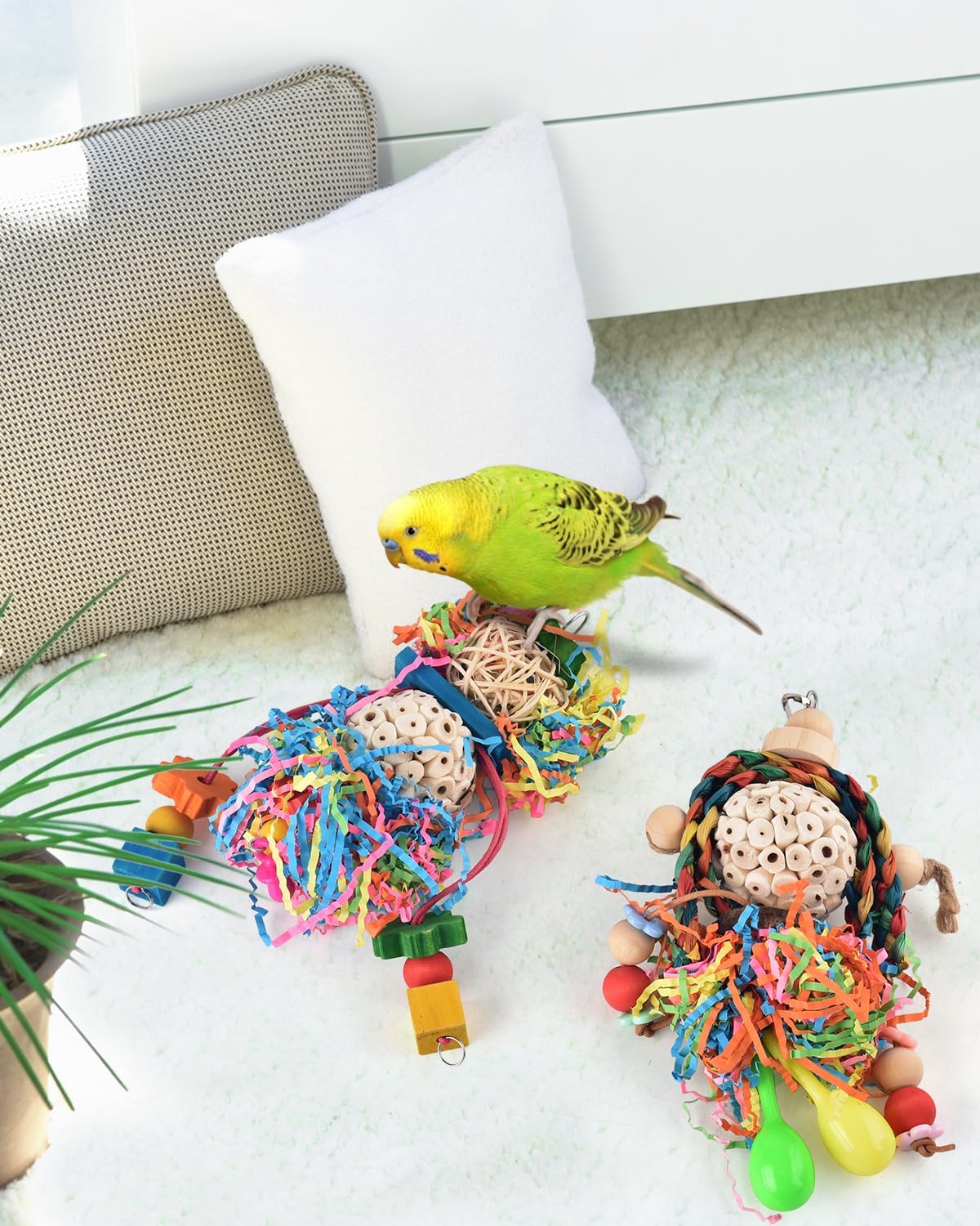 Bissap Conure Toys, 3 PCS Parrot Foraging Shredder Hanging Toys Sola Balls with Sand Hammer Perch Swing Climbing for Small Parrots Parakeets Conures Cockatiels Love Birds Cage Toy