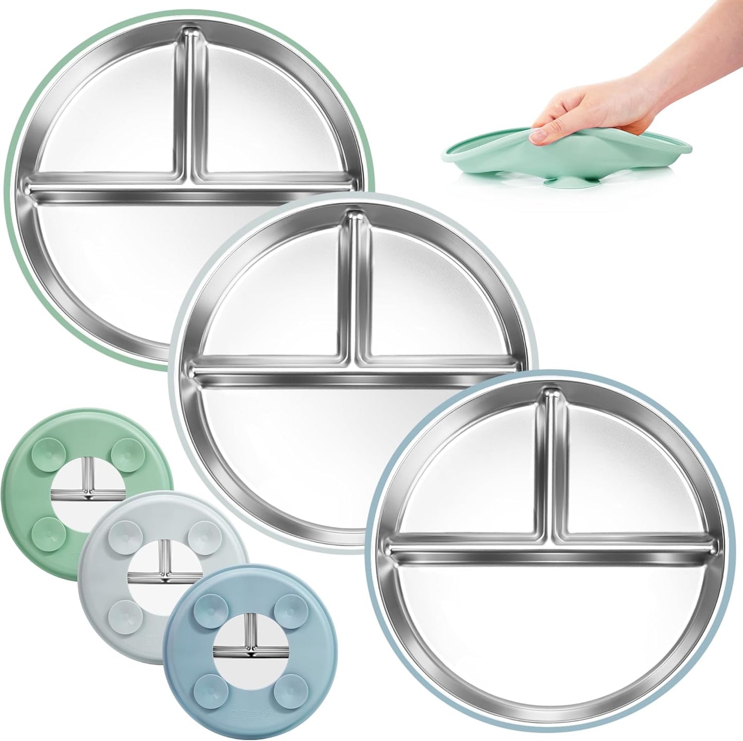 Bella's Friends Stainless Steel Baby Plates with Suction 3 Pack, 9” Divided Toddler Plates with Removable Silicone Sleeves for Mess-Free Feeding, Non-Toxic, Non-Slip, Dishwasher Safe, Green,Blue,Gray