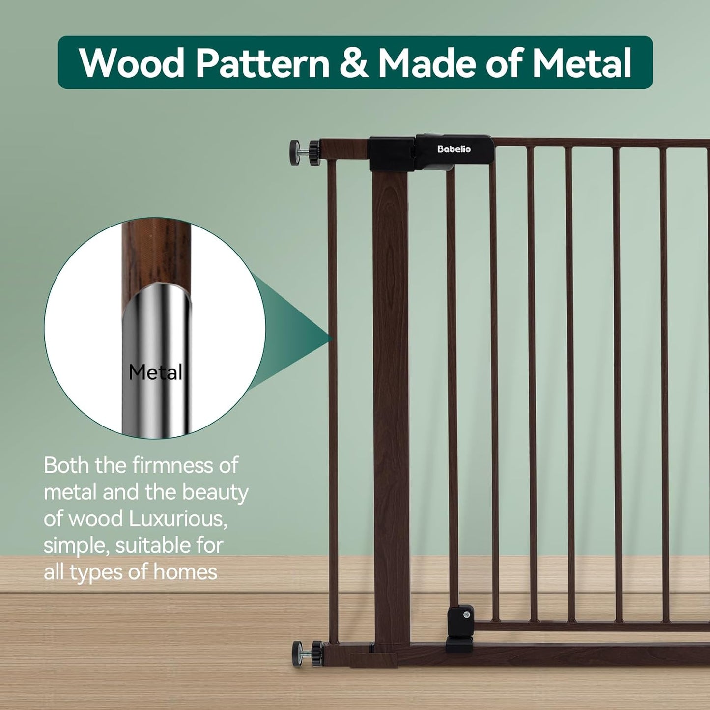 BABELIO Baby Gate with Black Wood Pattern, 29-48 Inch Auto Close Dog Gate for The House, Stairs and Doorways, Pressure Mounted Pet Gate with Door and Y Spindle Rods