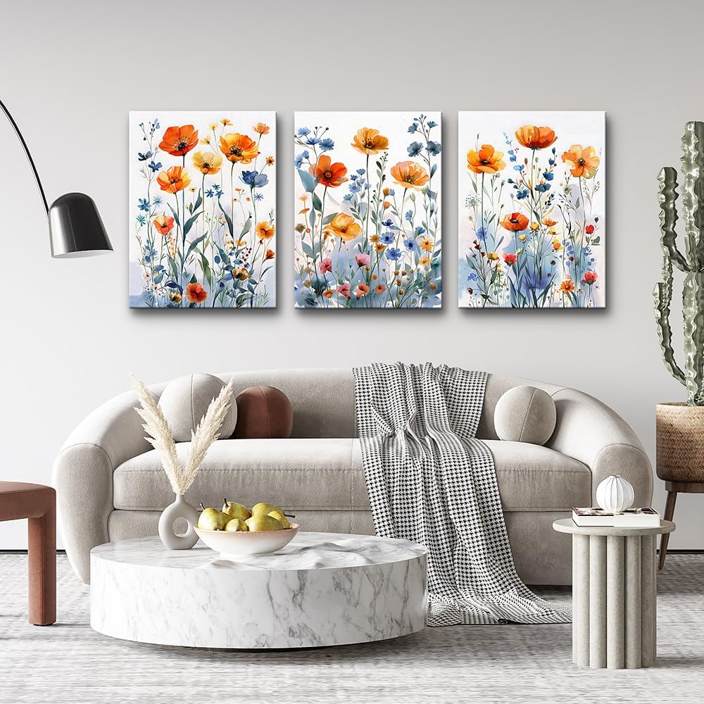 TTHYUEWS Boho Wall Art for Living Room Canvas Wall Decor for Bedroom Modern Wall Decorations For Dining Room Family Wall Pictures Artwork Flowers Watercolour Paintings Posters Home Decor 3 Piece