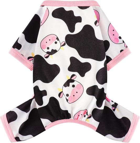 Dog Pajamas Small Sized Dogs Stretchable Summer Dog Clothes Pjs 4 Legs Girl Boy Cute Soft Puppy Outfits Doggie Cat Jammies Jumpsuit Sleeper for Pet, Pink Cow, XS