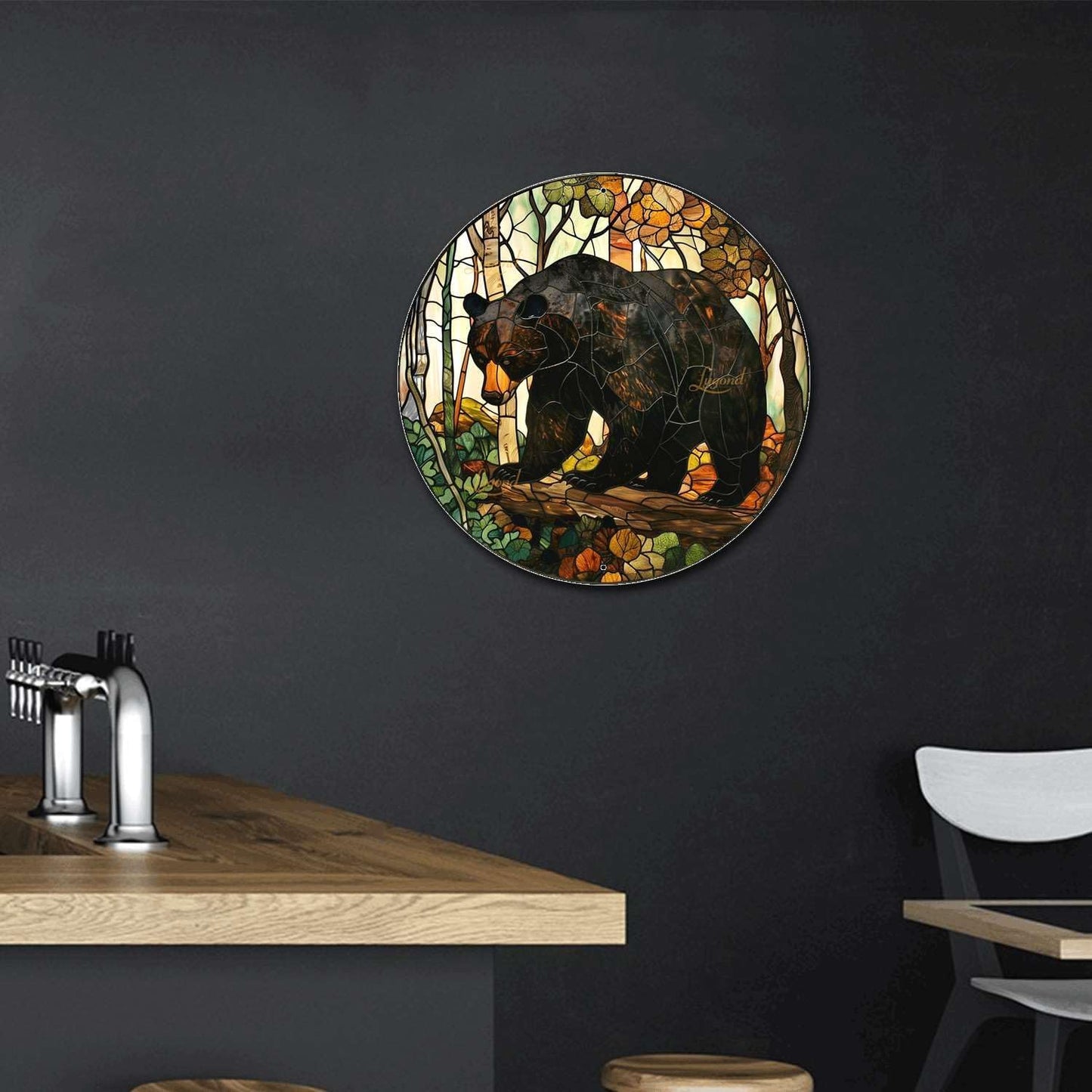 Lygond Metal Sign Tin Sign Circular Stained Glass American Black Bear Funny Outdoor Decor for Gift 12×12 Inches