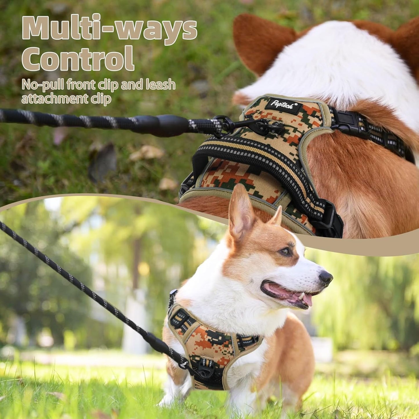 PUPTECK No Pull Dog Harness for Large, Adjustable Reflective Dog Harness with Handle Easy Control, Comfortable Soft Padded Pet Vest Harness for Extra Large Dogs, Camouflage XL