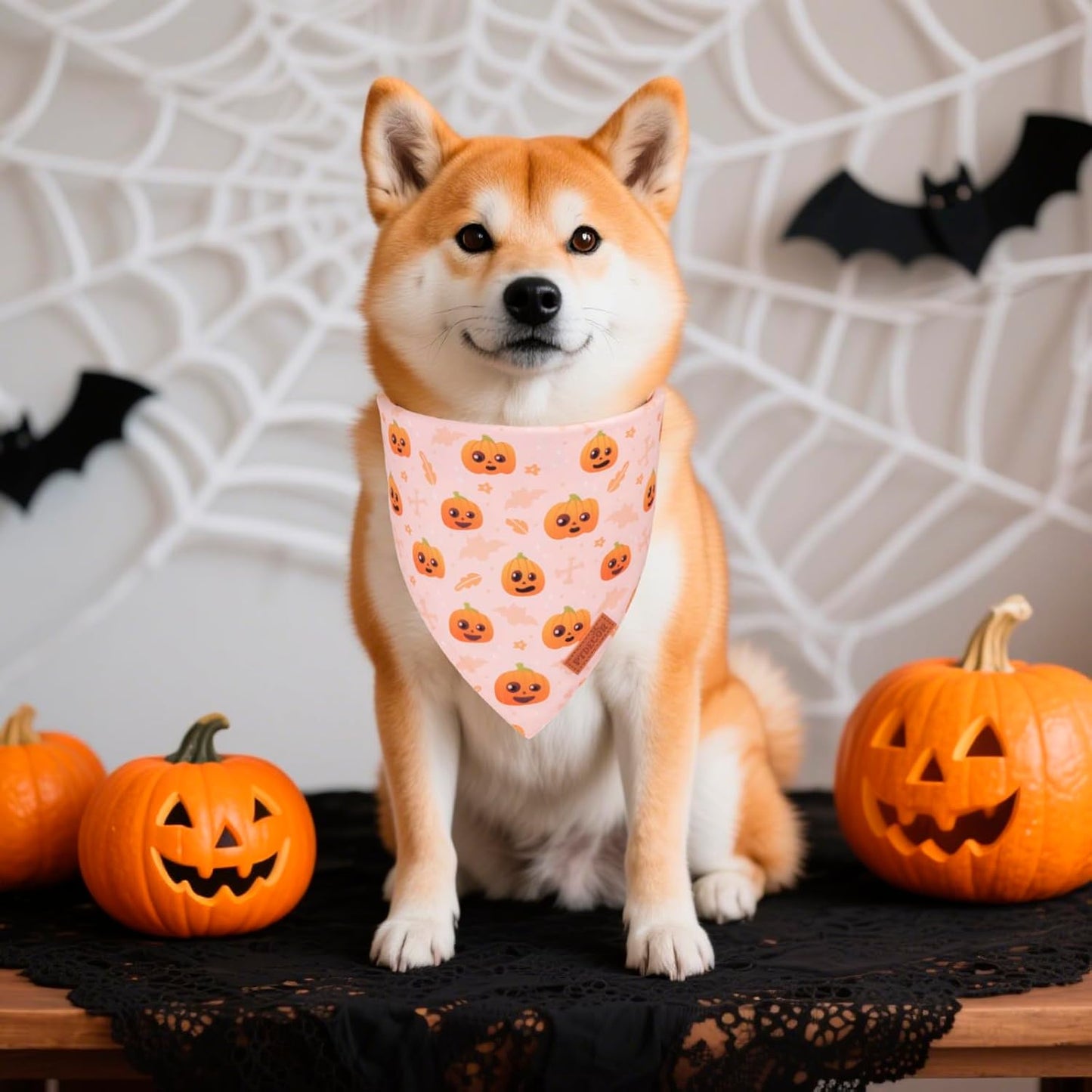 PTDECOR Halloween Dog Bandana, Cute Ghost Pumpkin Design Reversible Holiday Pet Scarf, Adjustable Orange Yellow Halloween Bandanas for Medium Large Dogs Pets (Large)