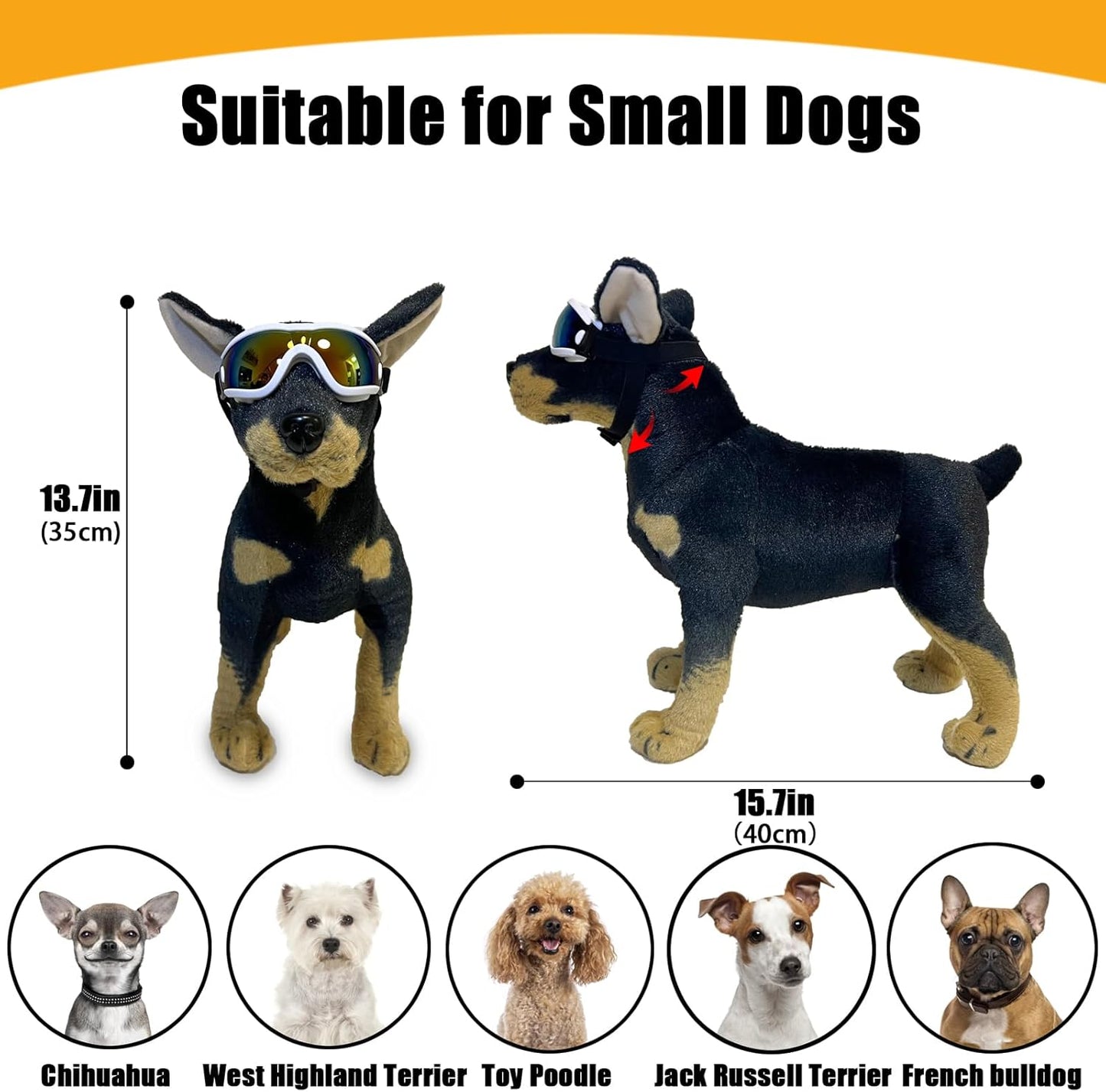 Dog Goggles Small Breed Dog Sunglasses with Adjustable for UV Protection Eyewear Doggy Doggie Puppy Glasses Anti-Fog Wind Dust Snowproof (White Frame Black Lens)
